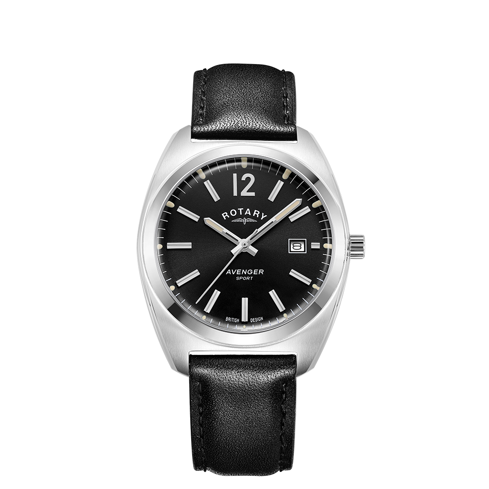 Rotary mans watch with a stainless steel case and black leather strap. The watch has a black dial and a date window