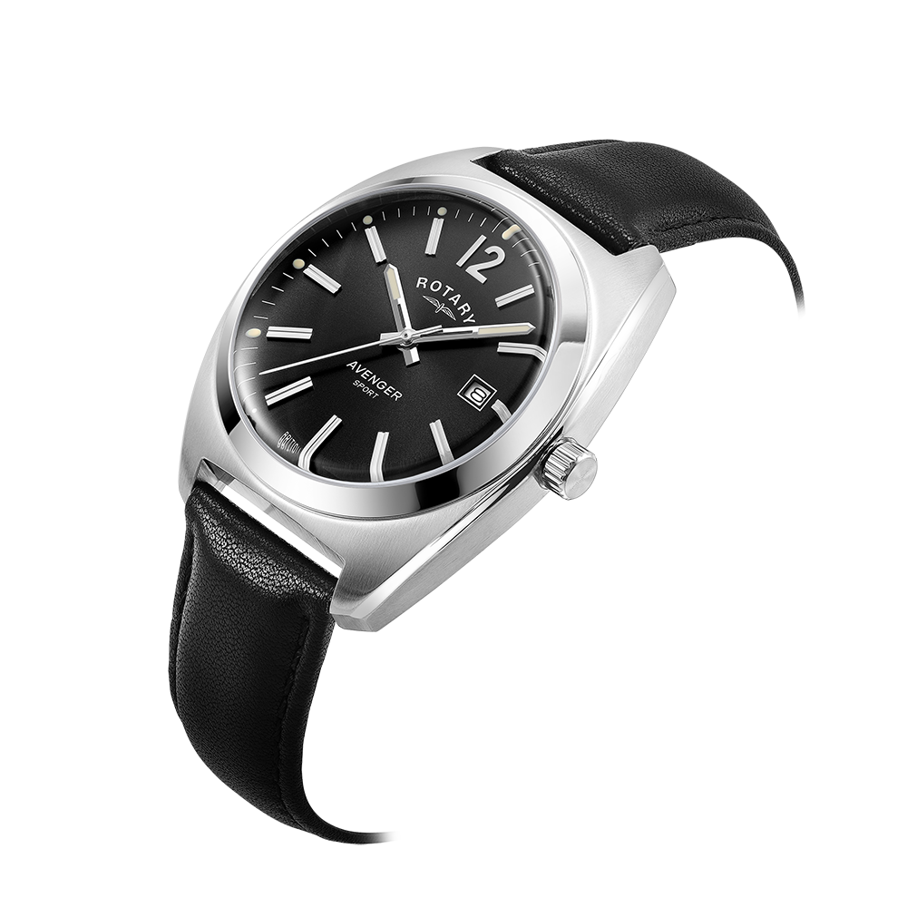 Rotary mans watch with a stainless steel case and black leather strap. The watch has a black dial and a date window