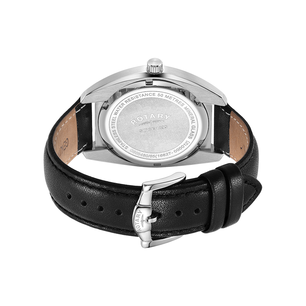 Rotary mans watch with a stainless steel case and black leather strap