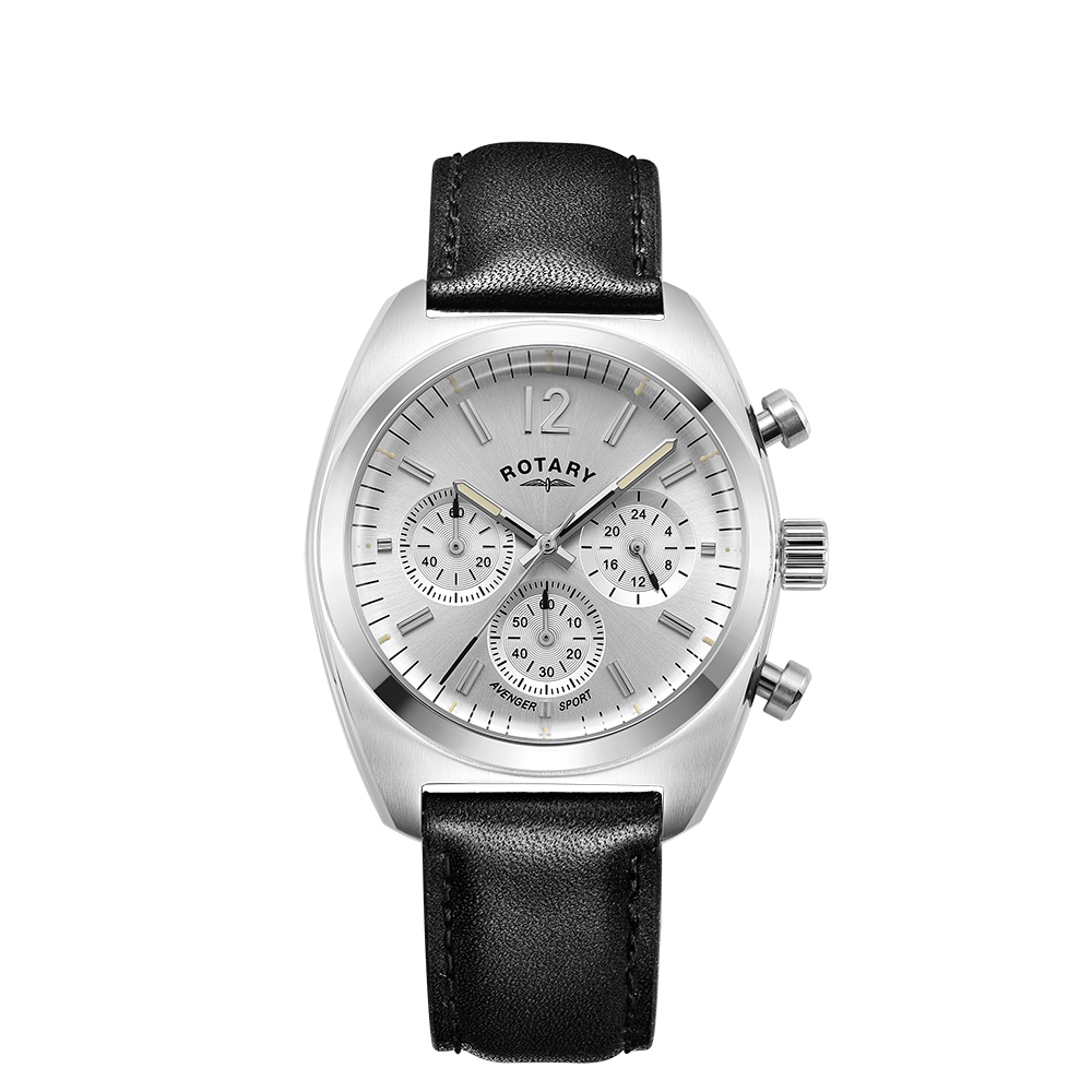 Rotary chronograph mans watch with a stainless steel case and black leather strap. The watch has a silver dial and subdials