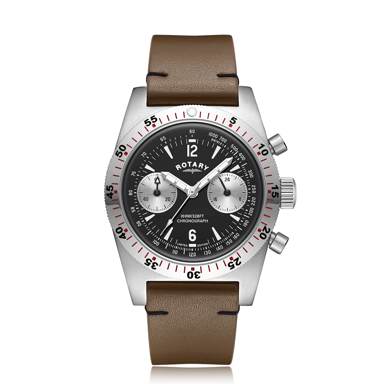 rotary mens chronograph watch with a stainless steel case and black dial. The watch features two subdials in silver, with luminous hour hands and a brown leather strap.