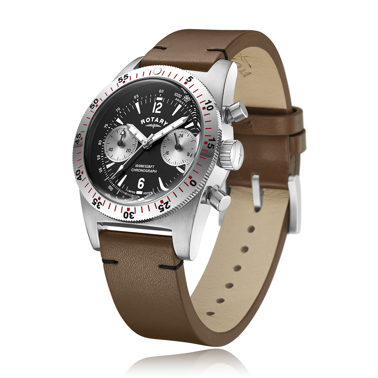 rotary mens chronograph watch with a stainless steel case and black dial. The watch features two subdials in silver, with luminous hour hands and a brown leather strap.