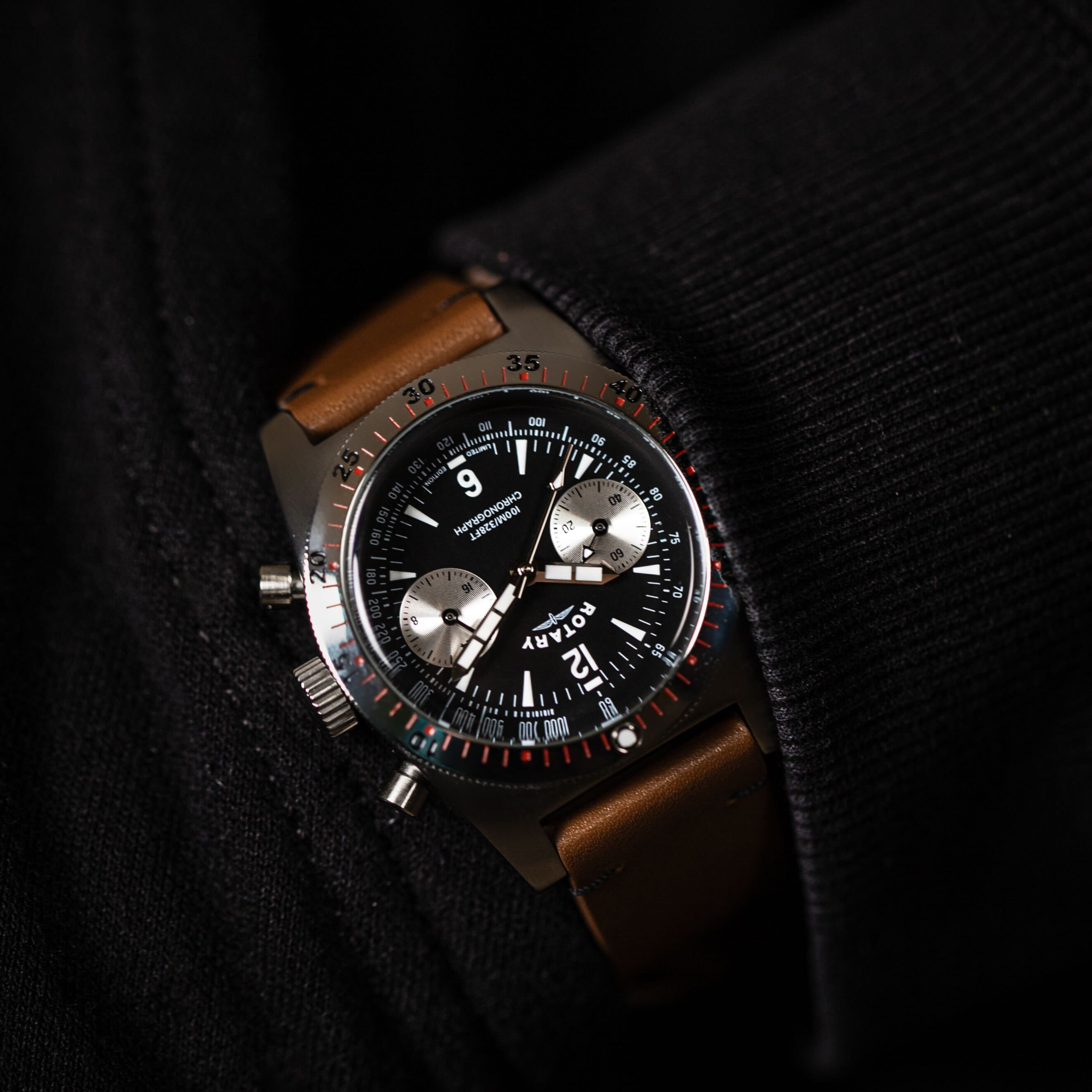 Rotary rw 1896 heritage watch in stainless steel with a leather strap being worn with an all black outfit