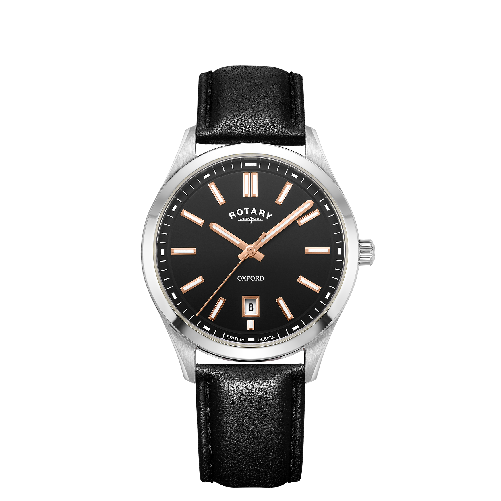 Rotary mens watch in stainless steel with a black leather strap. The watch has a black dial and 3 rose gold hands.