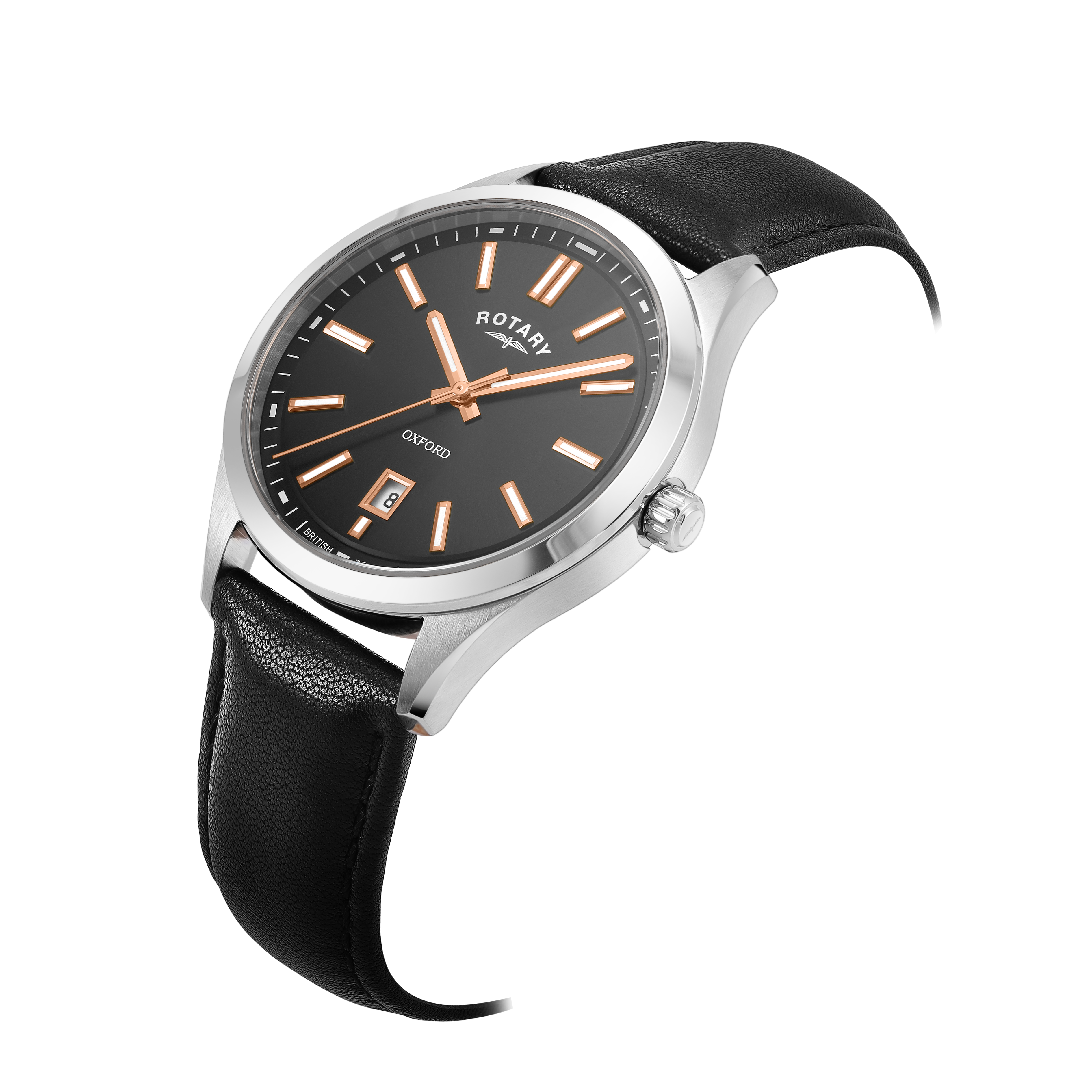 Rotary mens watch in stainless steel with a black leather strap. The watch has a black dial and 3 rose gold hands.