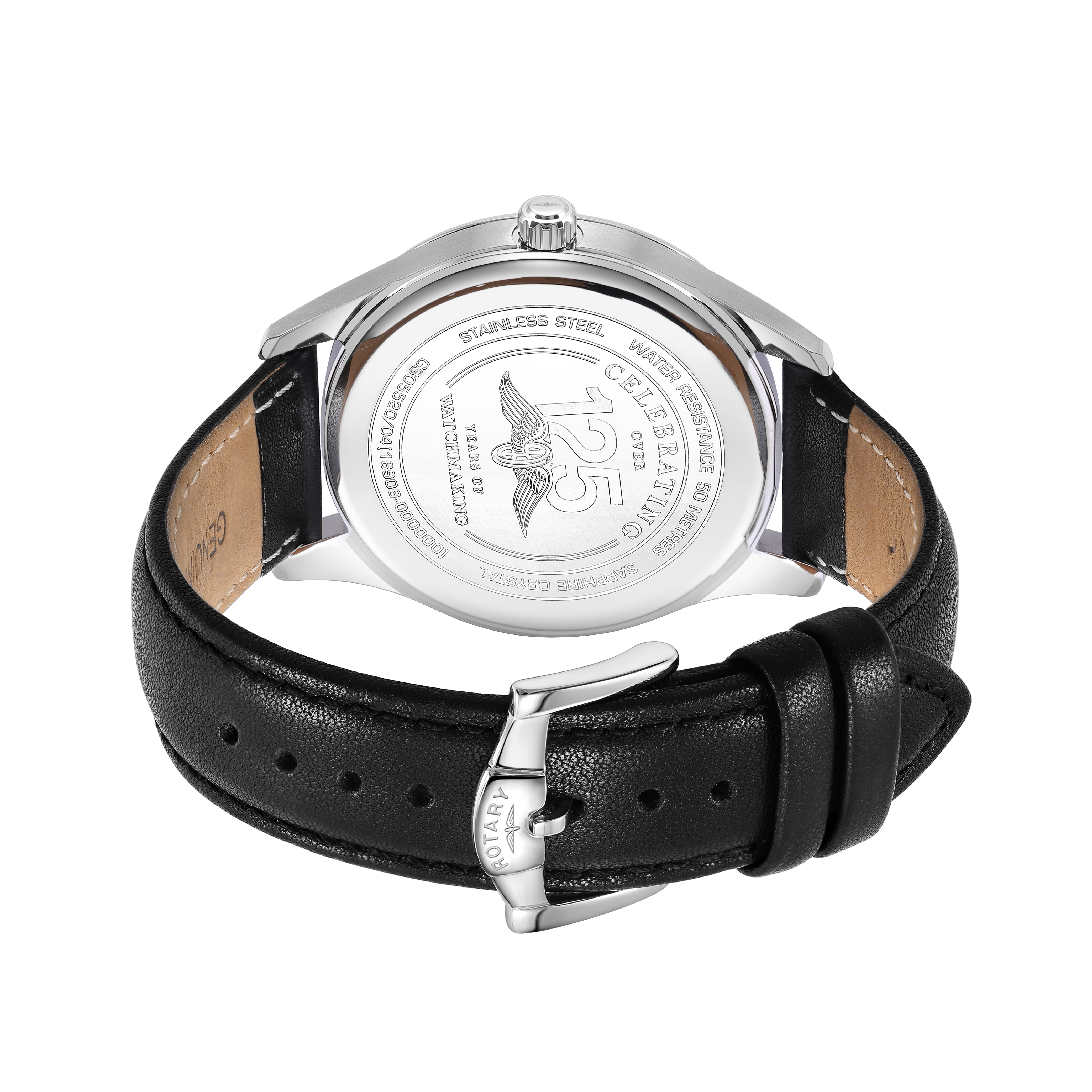 Rotary mens watch in stainless steel with a black leather strap