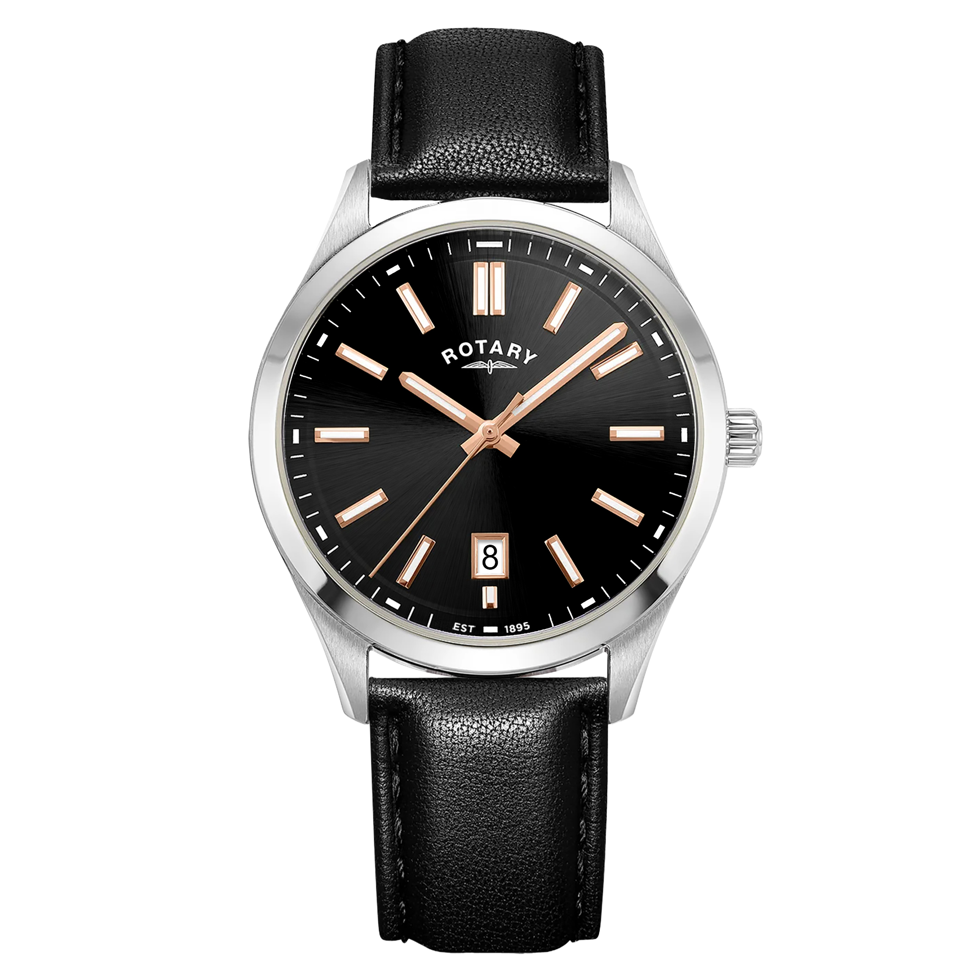 Black Rotary wristwatch with silver case and black leather strap on a white background