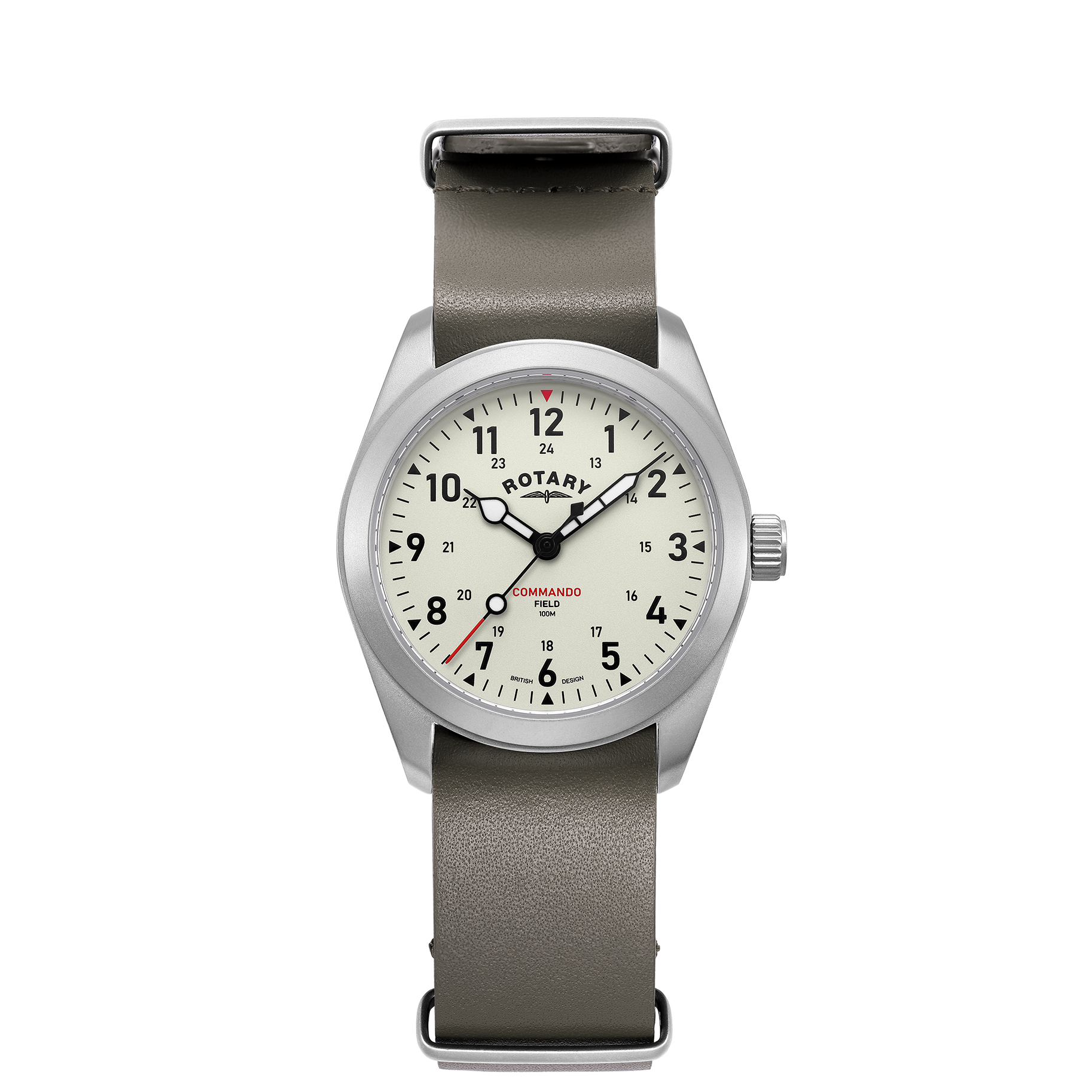 rotary military field style watch in sandblasted stainless steel with a leather nato strap. The watch has a cream coloured dial and 3 hands with luminescence