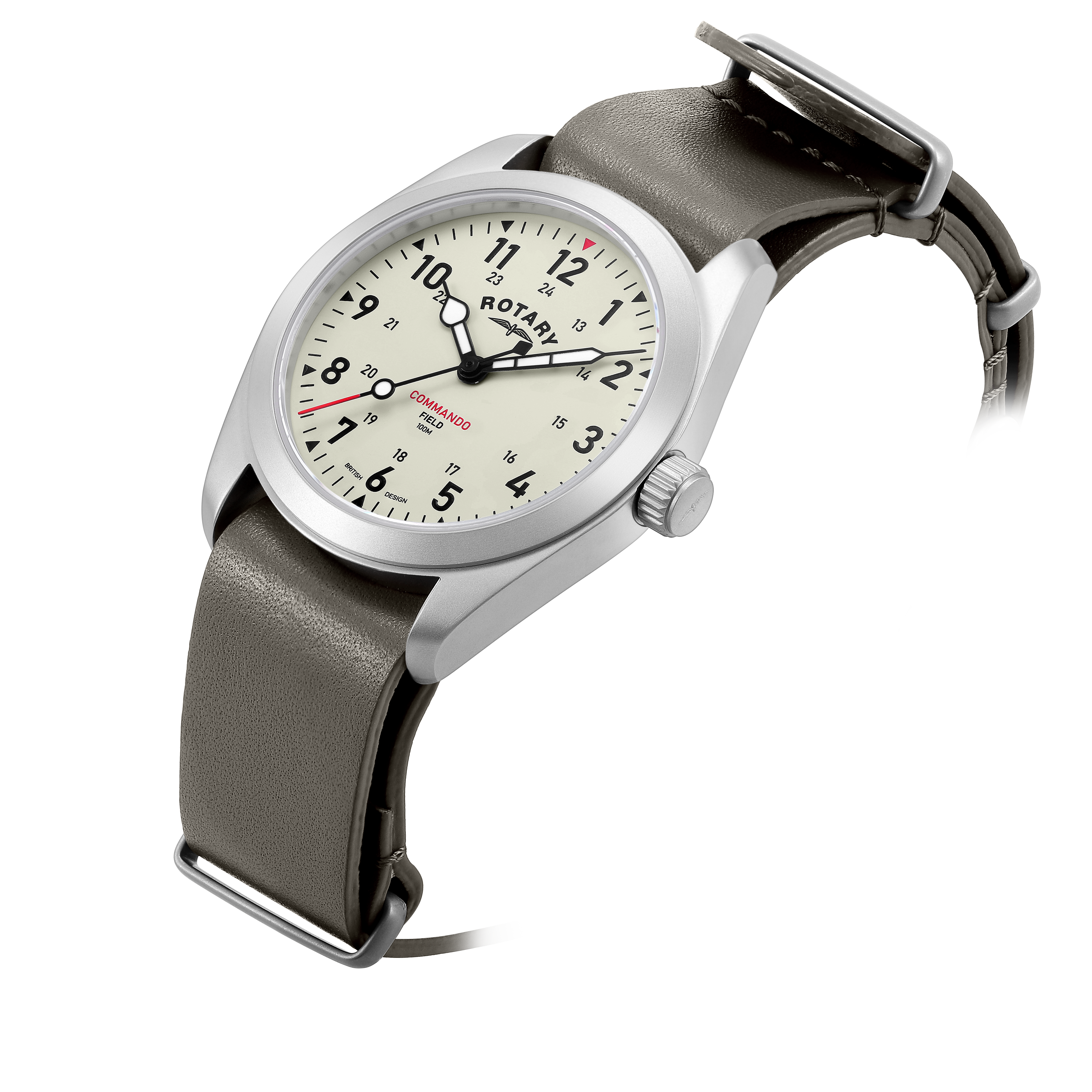 rotary military field style watch in sandblasted stainless steel with a leather nato strap. The watch has a cream coloured dial and 3 hands with luminescence