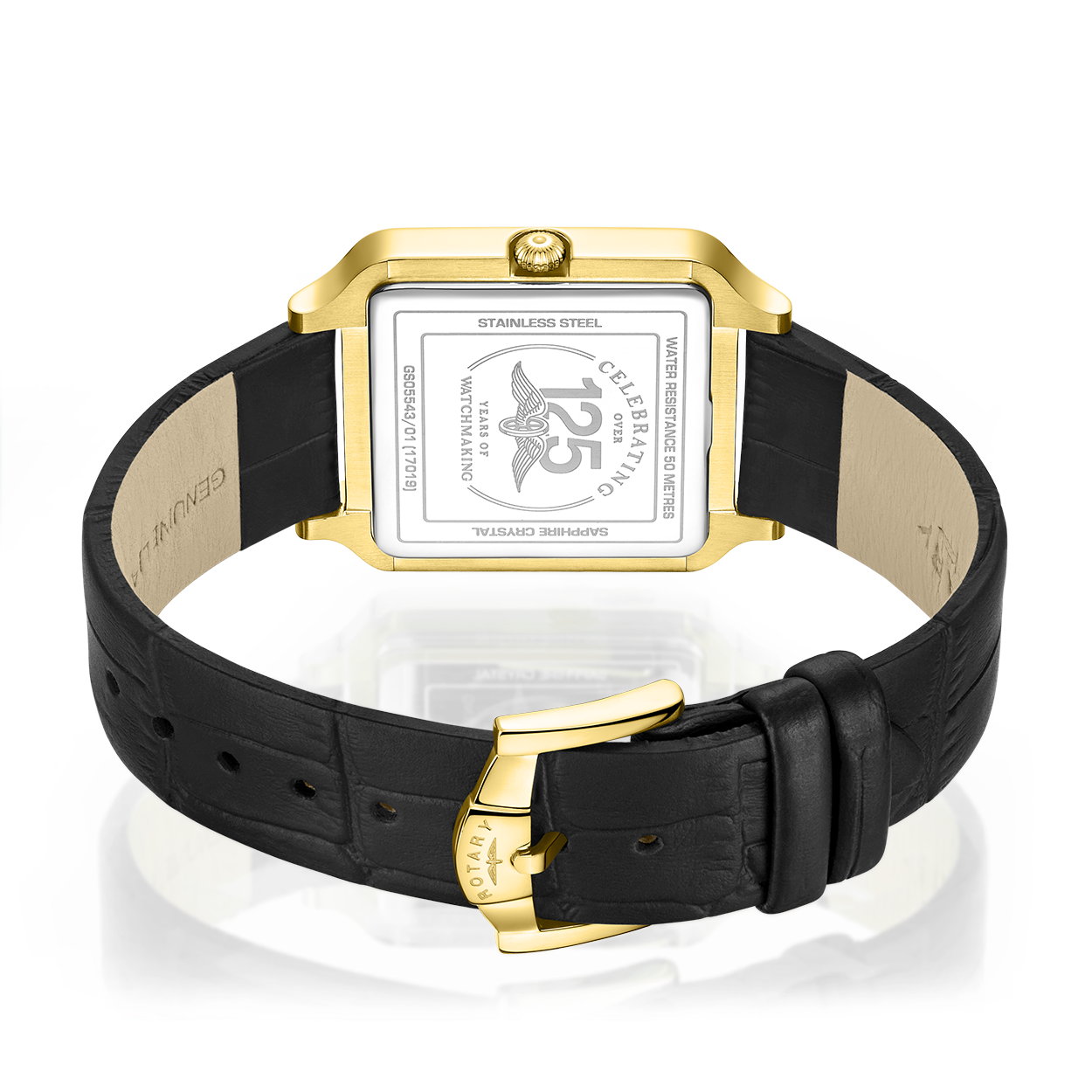 A mans rotary watch with a gold case and black leather strap.