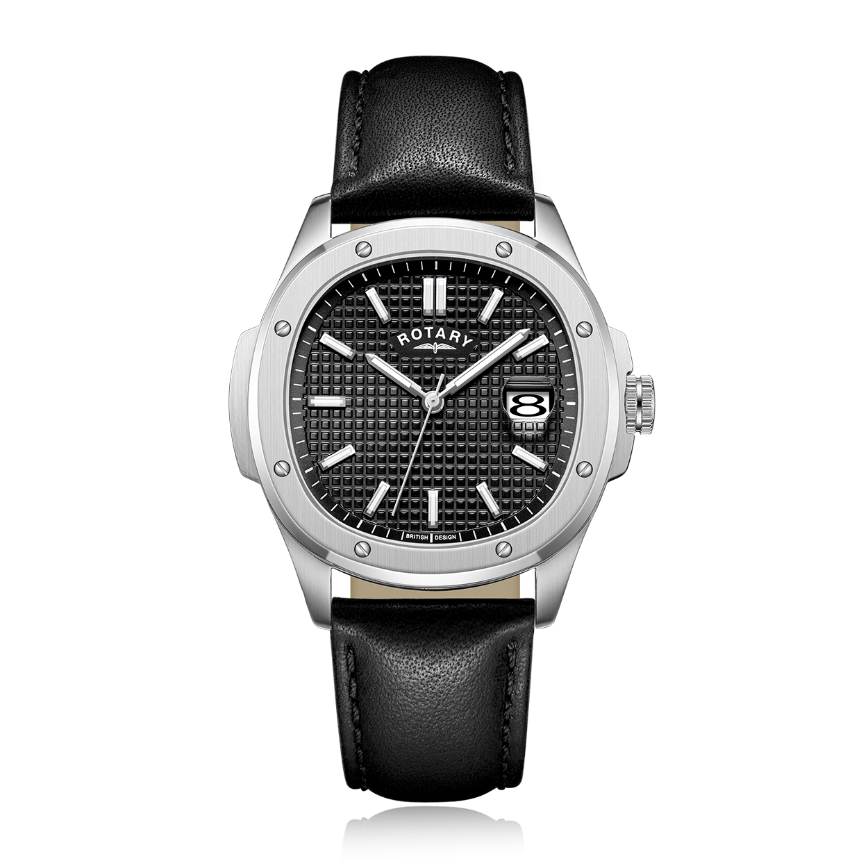 Rotary stainless steel watch with a black textured dial and a black stainless steel strap