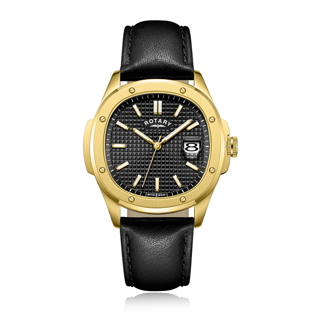 Rotary gold watch with a black textured dial and a black stainless steel strap