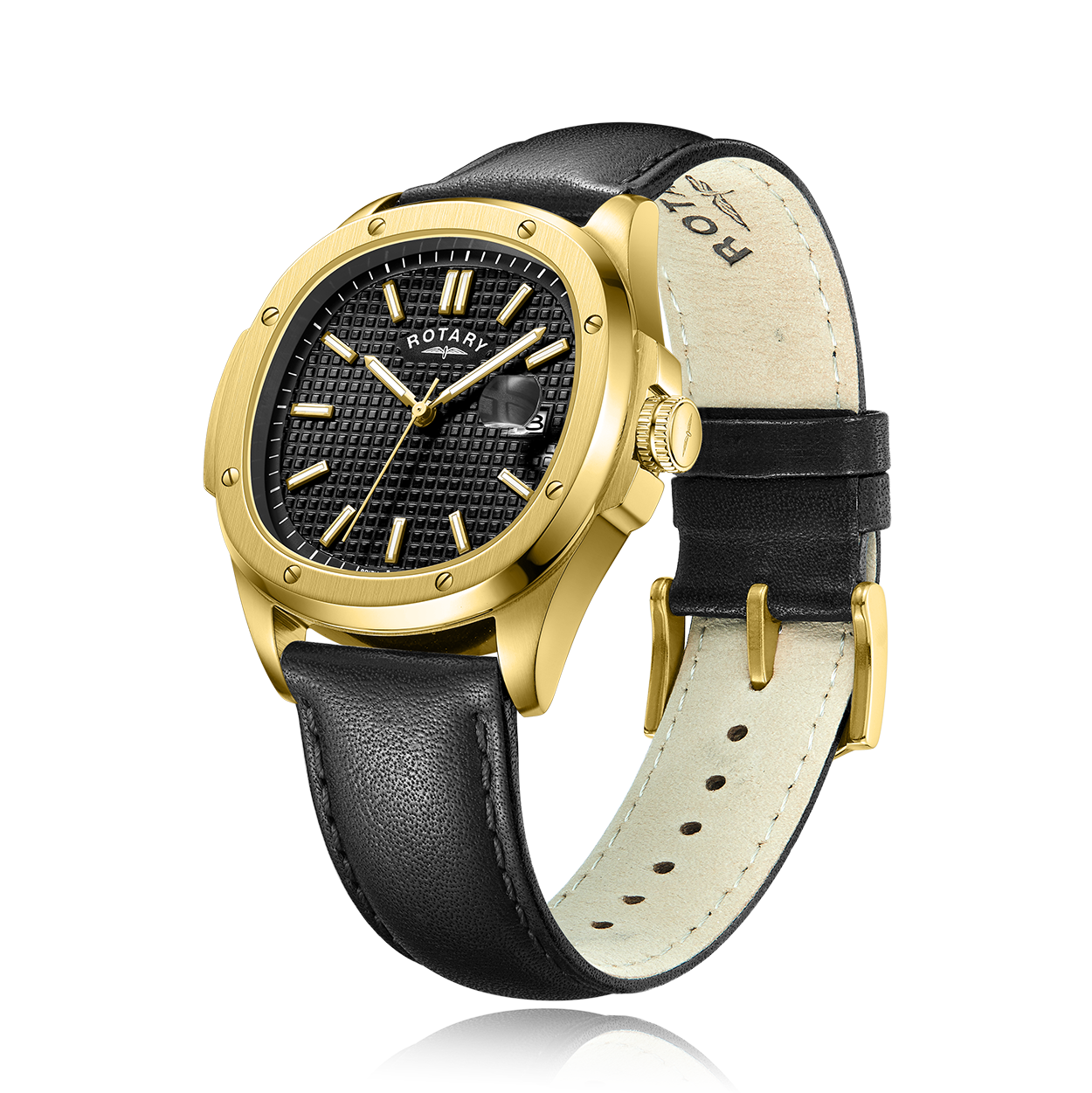 Rotary gold watch with a black textured dial and a black stainless steel strap