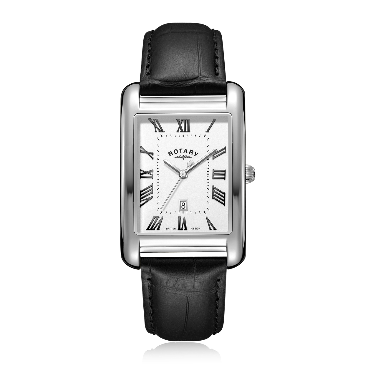 Rotary stainless steel watch with a white dial and black leather strap. The watch features black applied roman numeral indices as well as a date window at 6