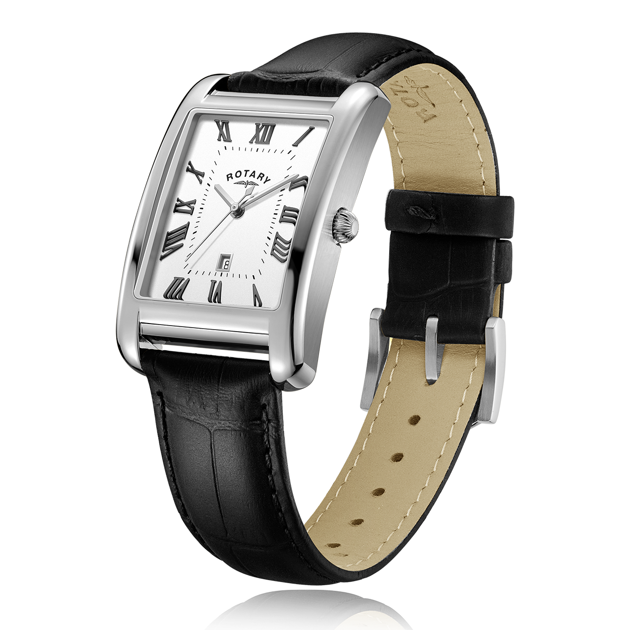 Rotary stainless steel watch with a white dial and black leather strap. The watch features black applied roman numeral indices as well as a date window at 6