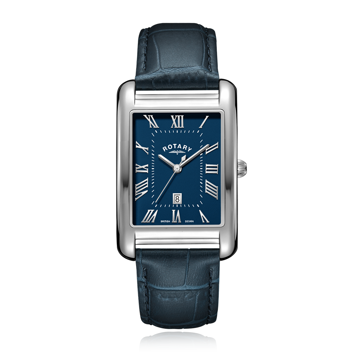 Rotary rectangular watch in stainless steel with a blue leather strap and a blue dial