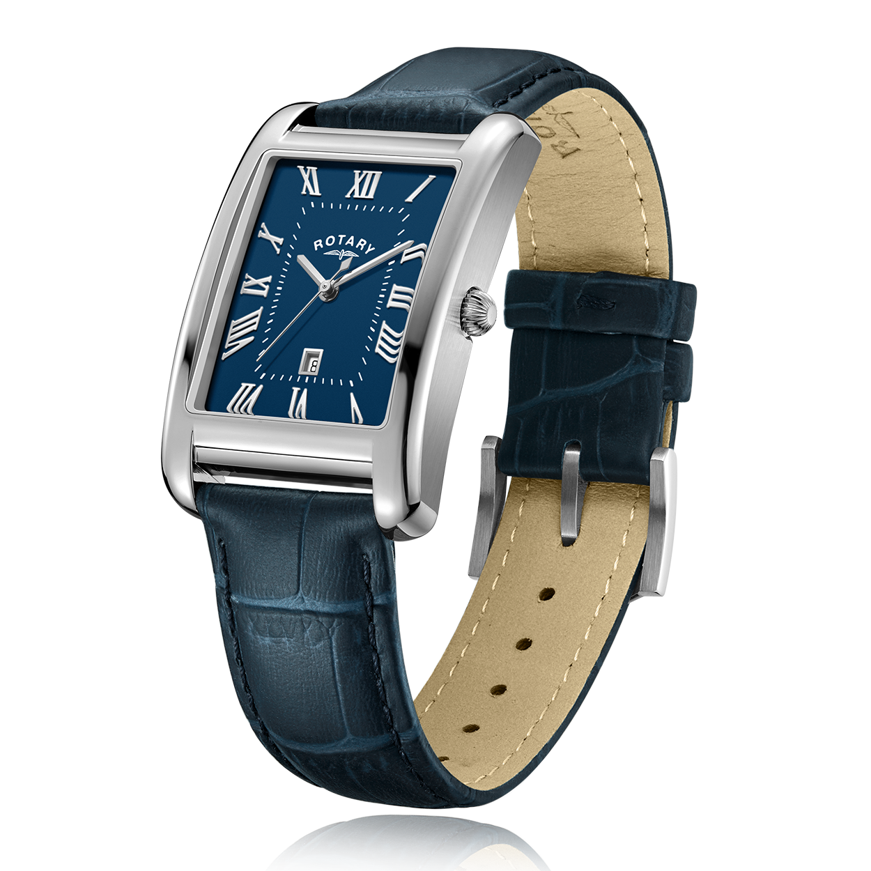 Rotary rectangular watch in stainless steel with a blue leather strap and a blue dial