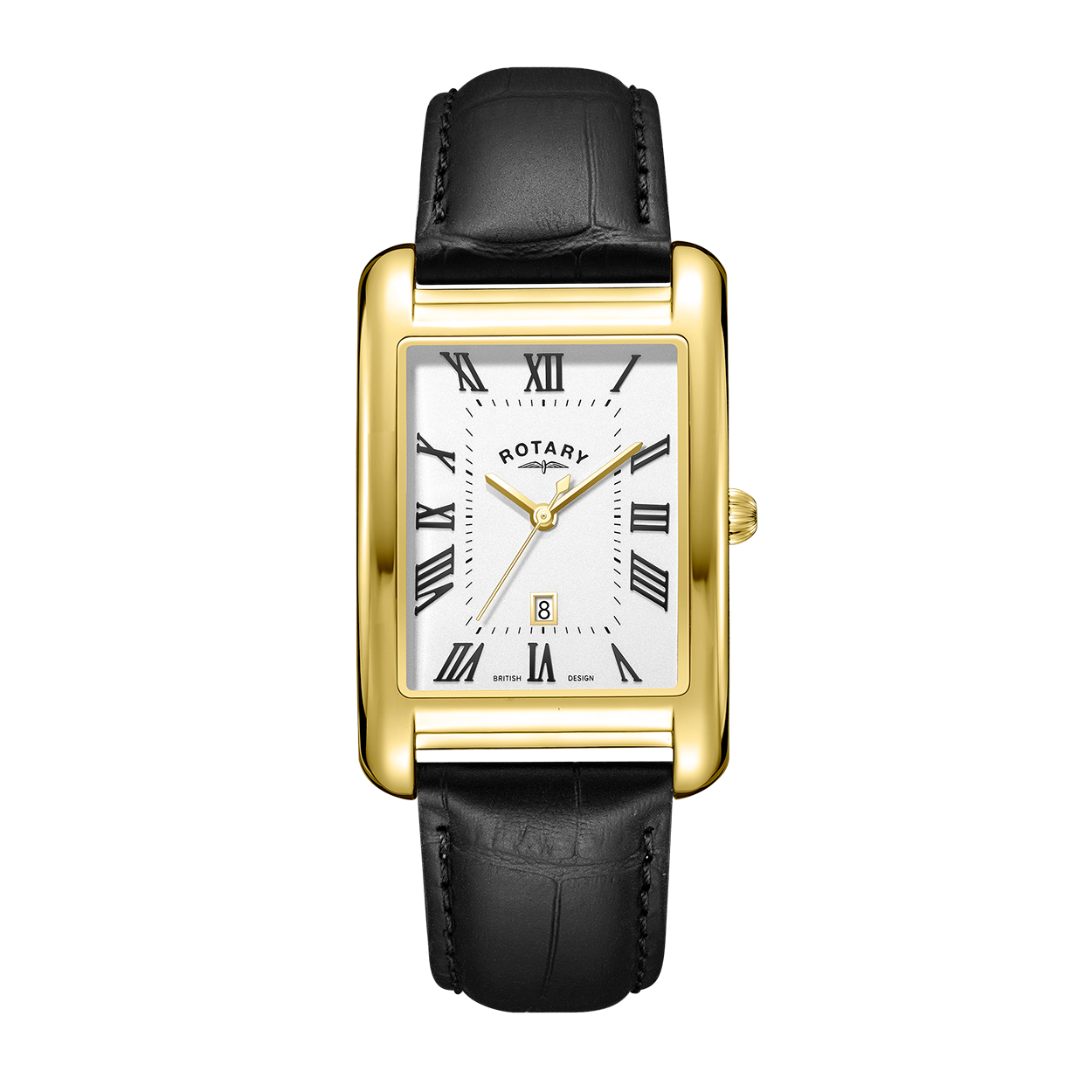 Rotary mens rectangular shaped watch in gold with a black leather strap and white dial. The watch also features applied roman numeral markers, a date window at 6 and three gold hands