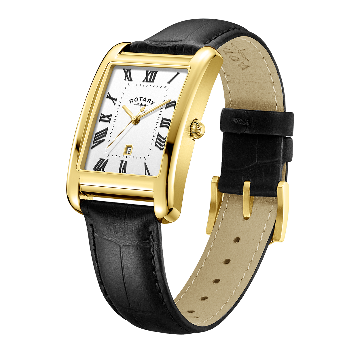 Rotary mens rectangular shaped watch in gold with a black leather strap and white dial. The watch also features applied roman numeral markers, a date window at 6 and three gold hands