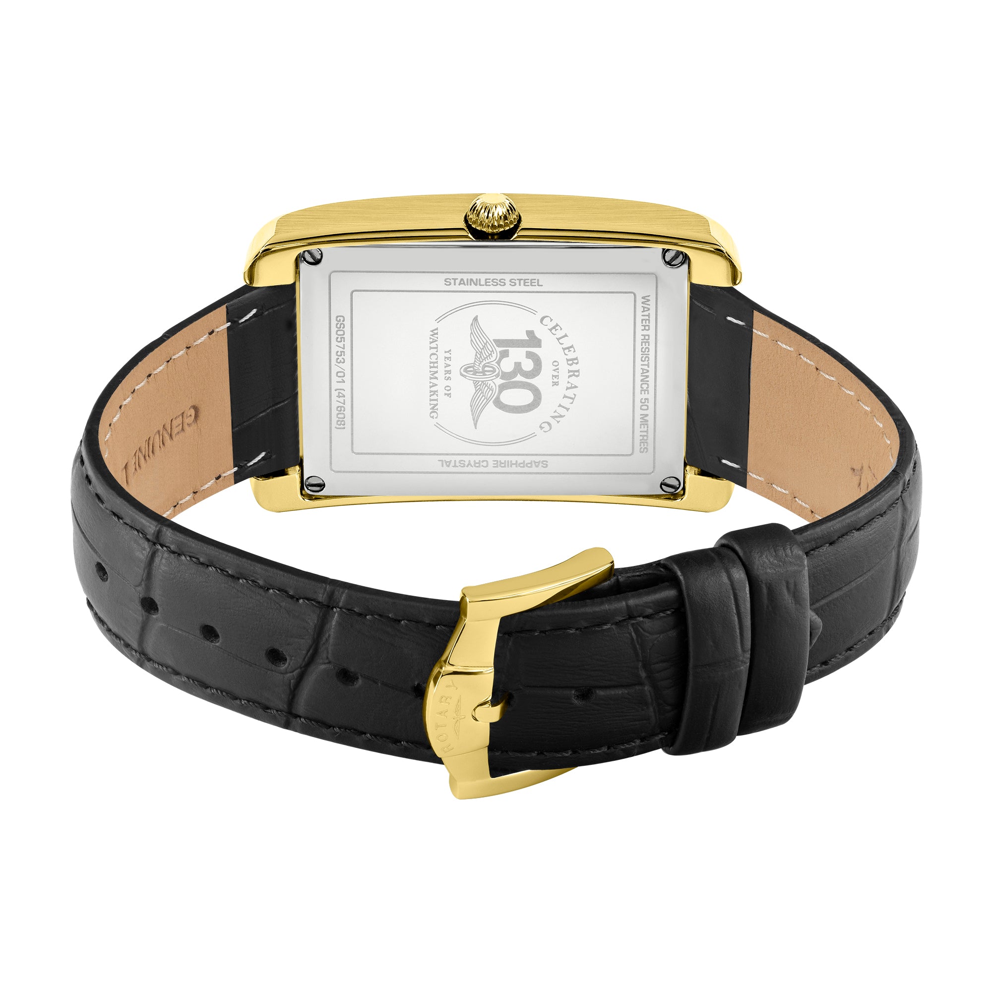 Rotary Watch with black leather strap and gold case on a white background