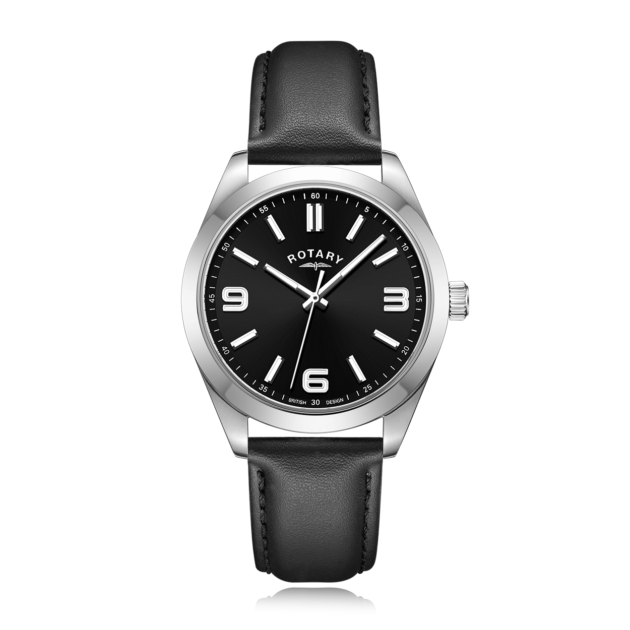 Rotary stainless steel watch with a black leather strap and a black dial