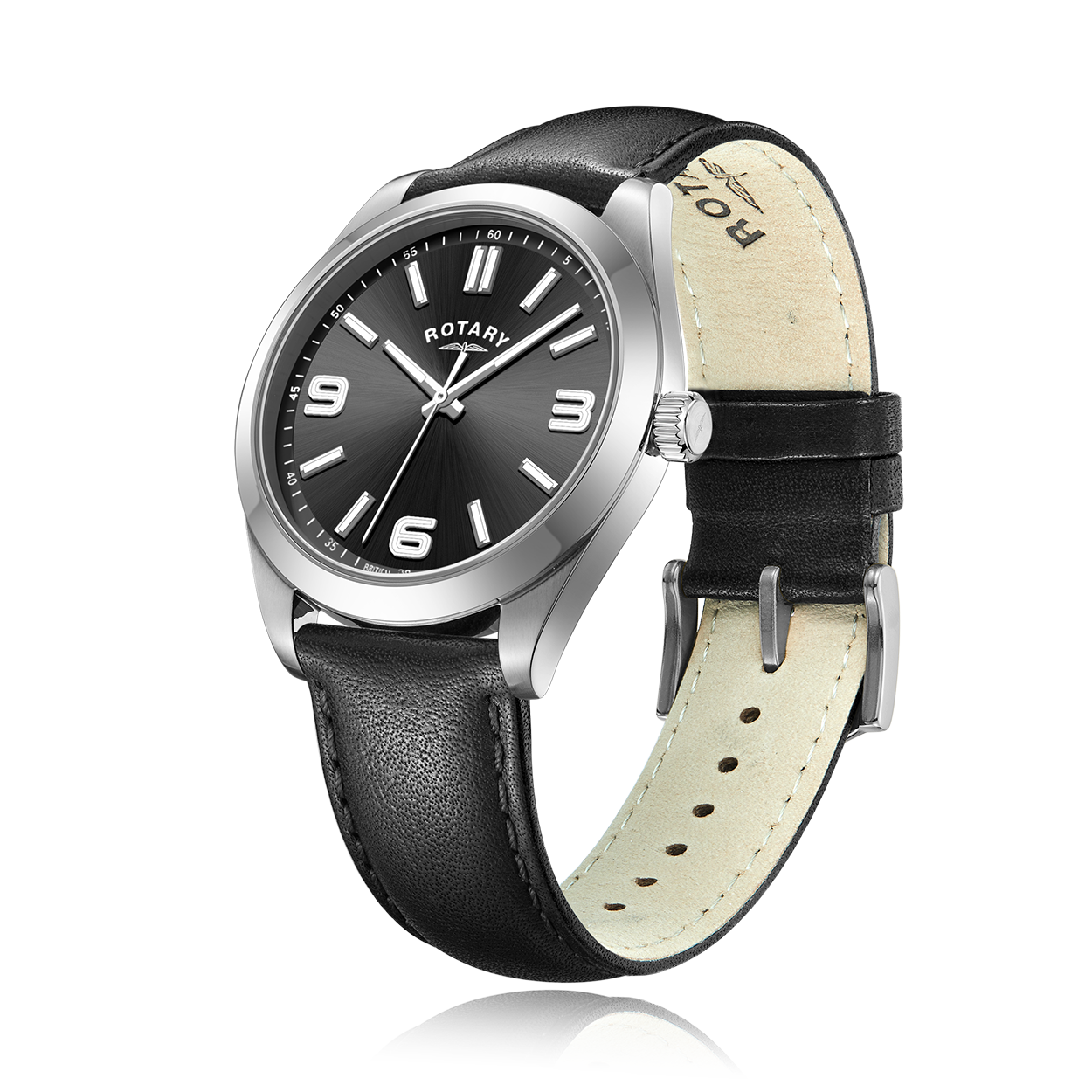 Rotary stainless steel watch with a black leather strap and a black dial