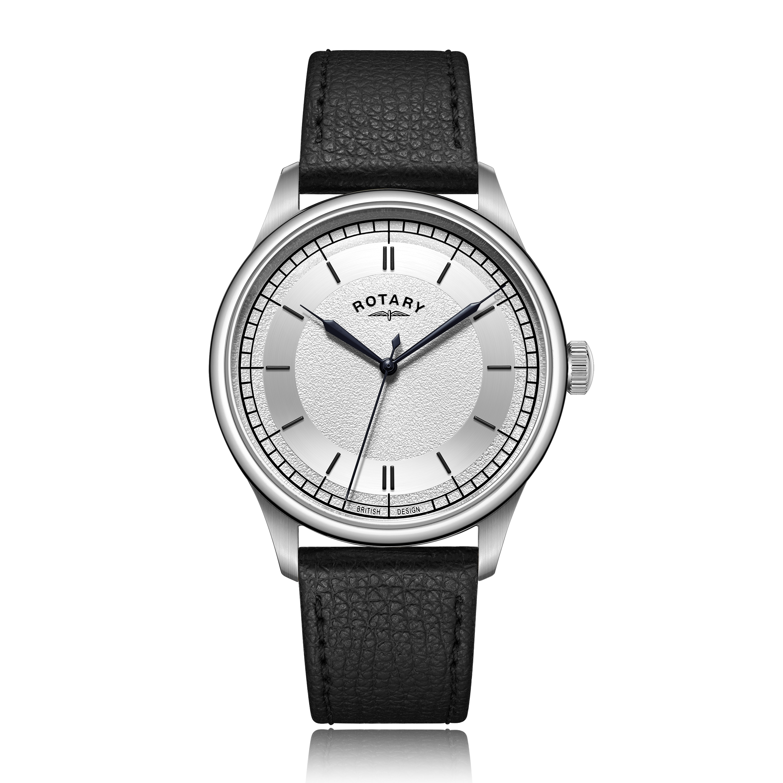 Rotary watch in stainless steel with a silver dial and black leather strap