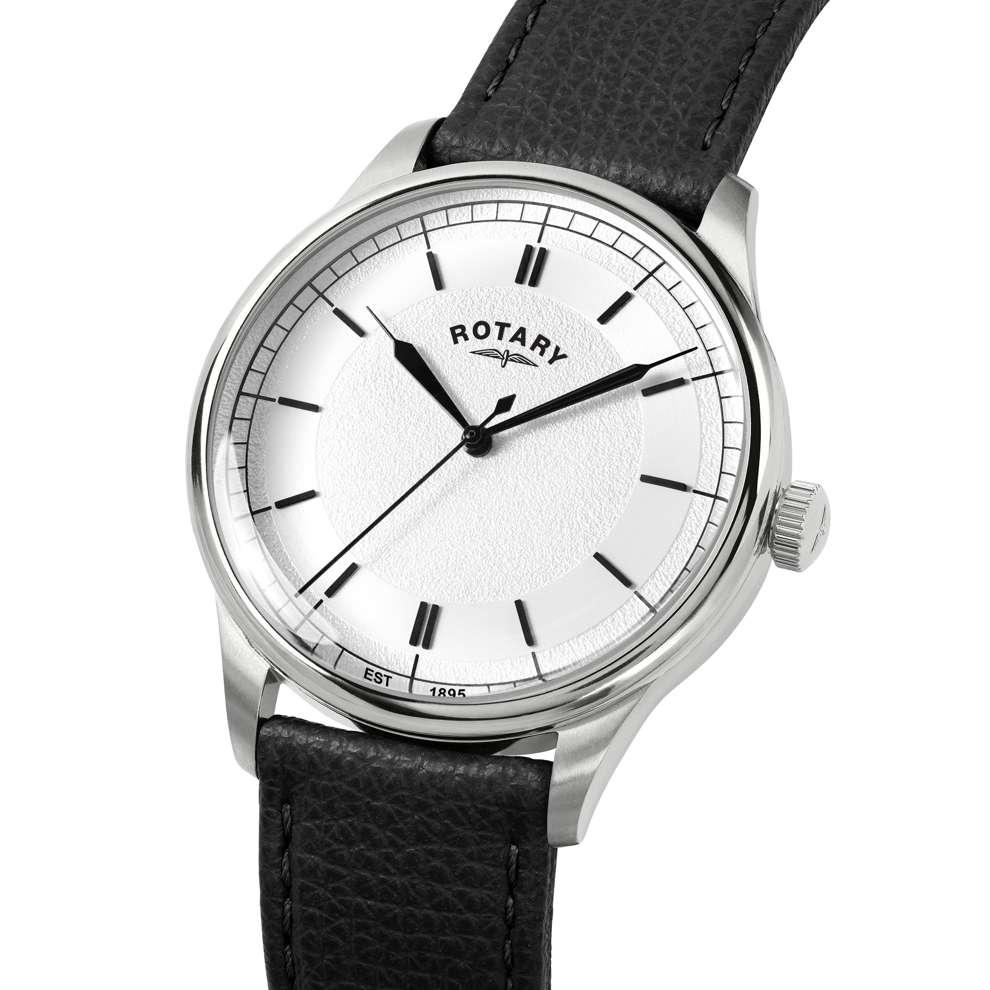 Rotary watch with black leather strap and white dial on a white background