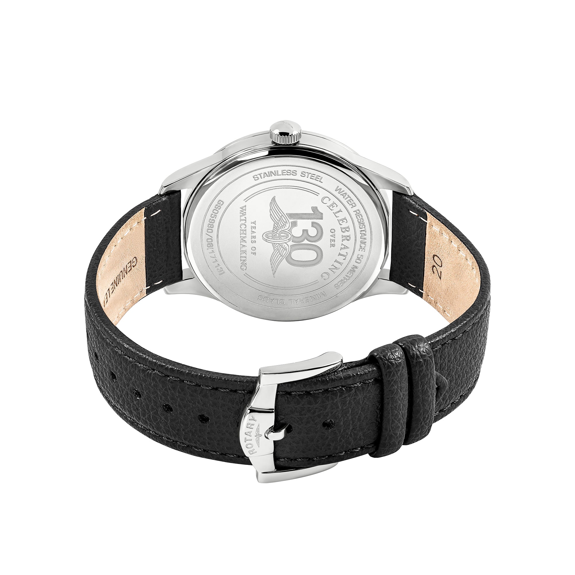 Watch with black leather strap and silver case on a white background