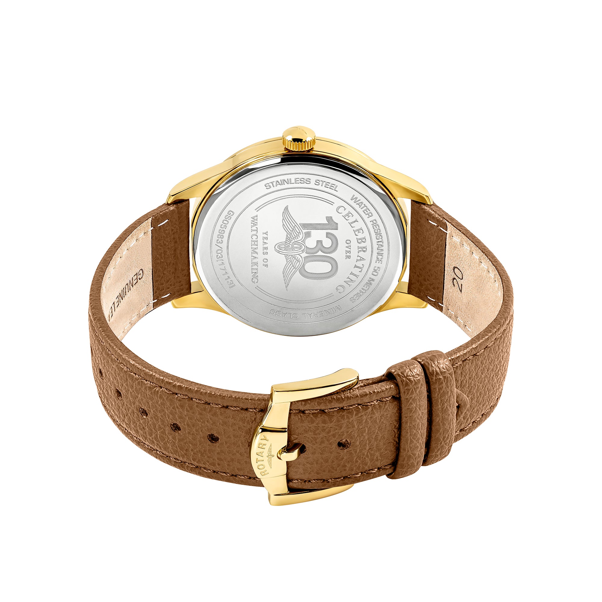 Rotary watch with brown leather strap and gold casing on a white background