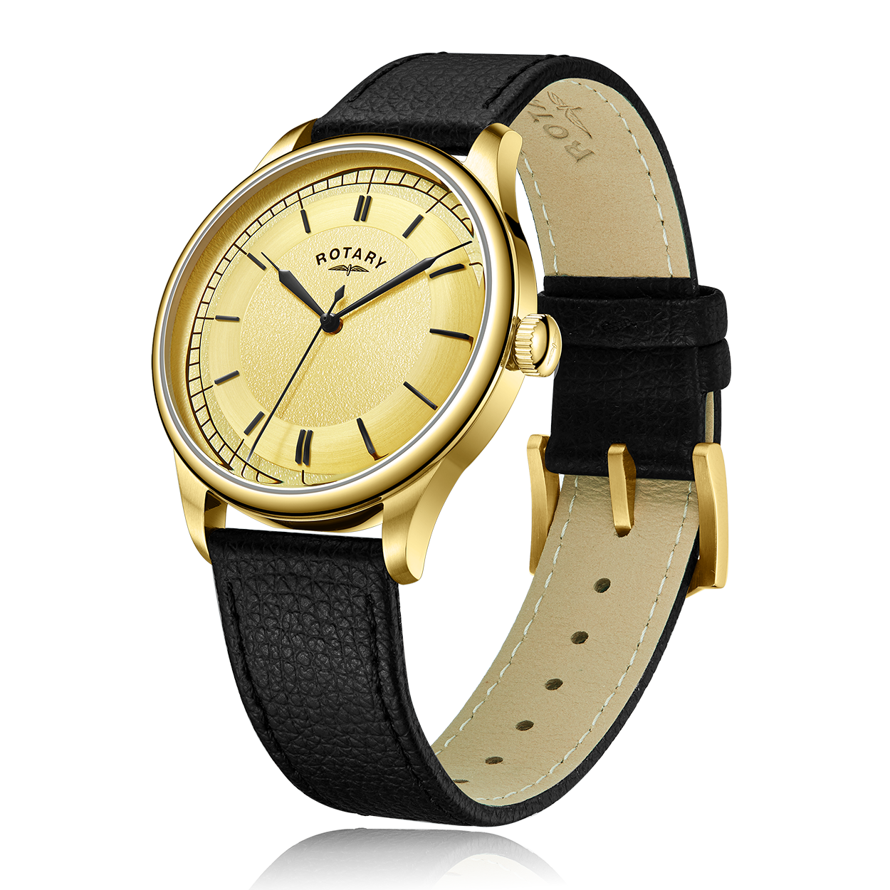 Rotary men's watch in gold PVD with a  gold textured dial and a black leather strap