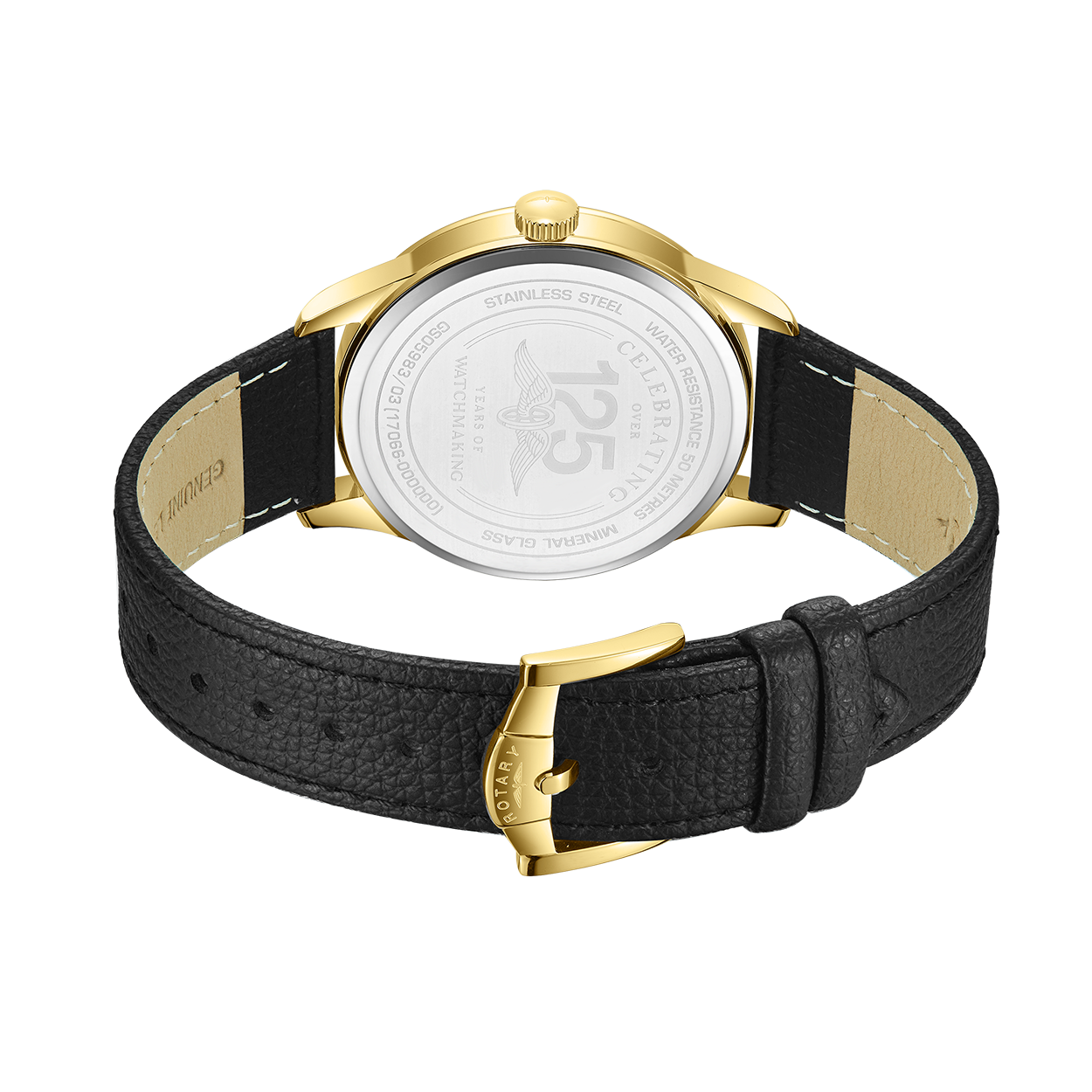 Rotary mens watch in gold with a black leather strap and stainless steel caseback