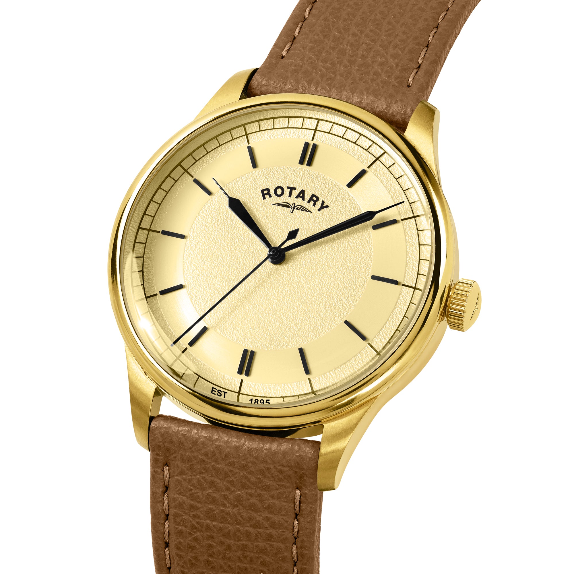 Rotary watch with gold case and brown leather strap on a white background