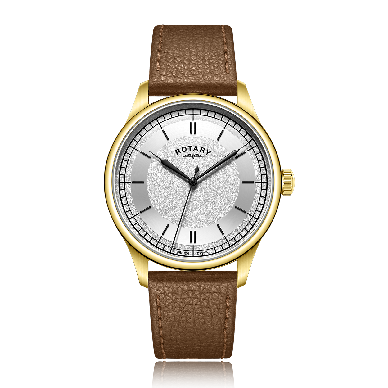 Rotary mens watch in gold PVD with a white dial and a brown leather strap