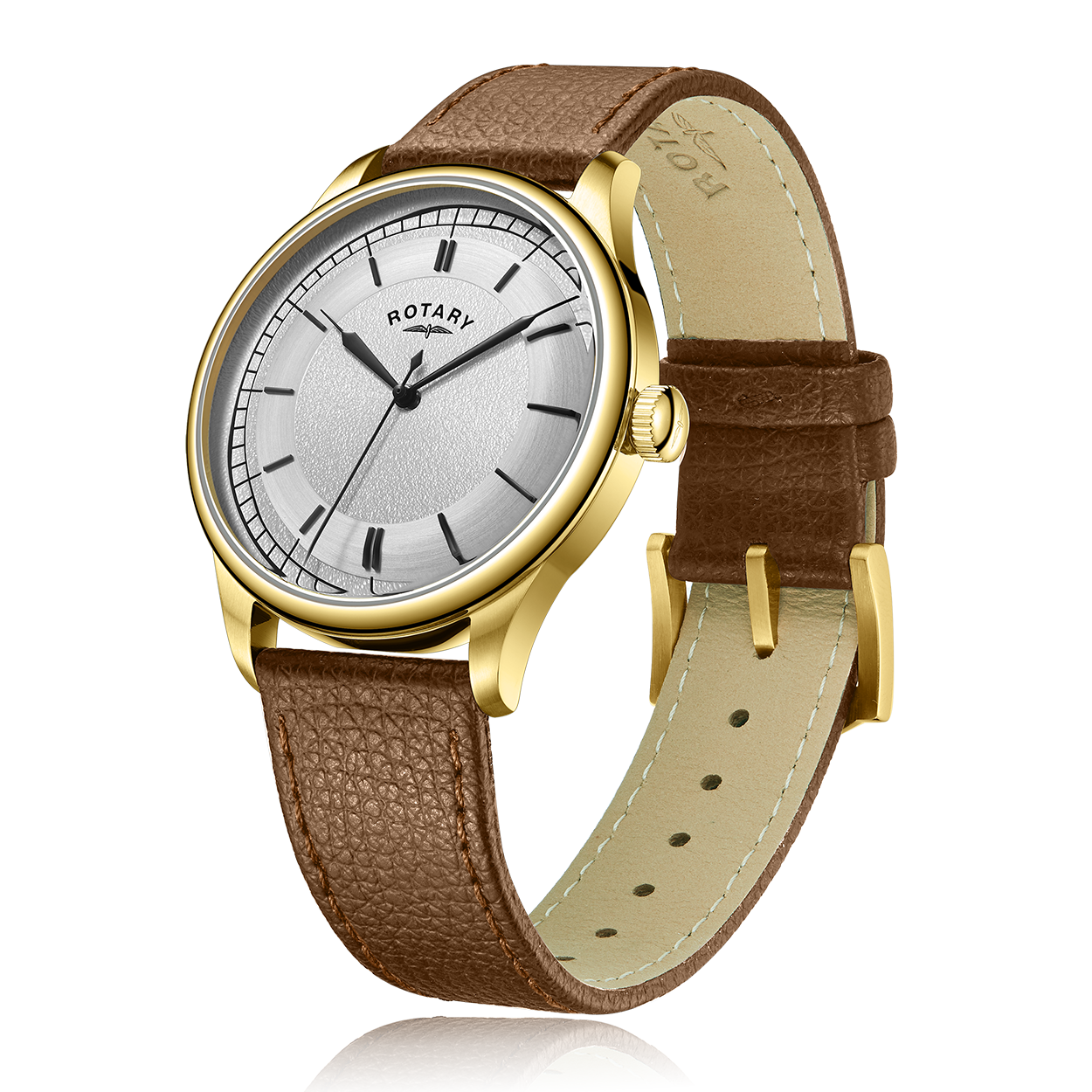 Rotary mens watch in gold PVD with a white dial and a brown leather strap