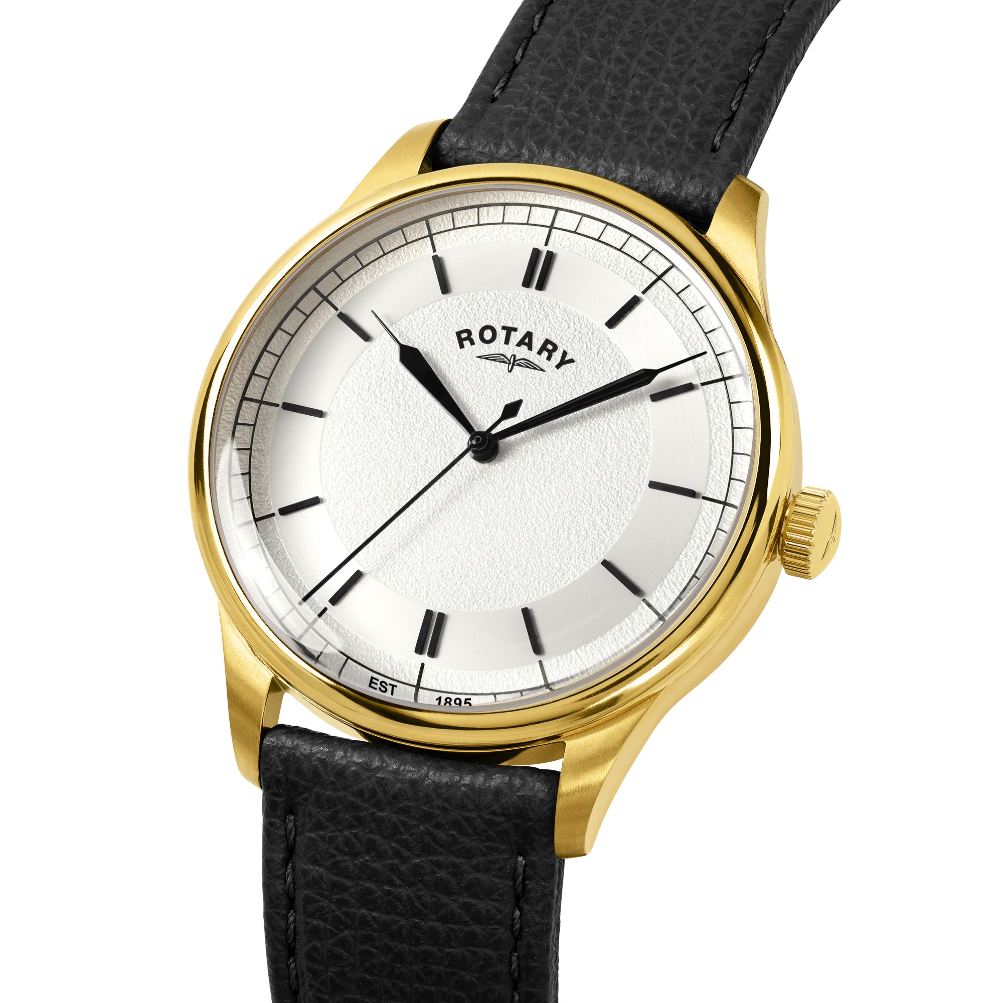 Rotary watch with gold case, black leather strap, and white dial on a white background