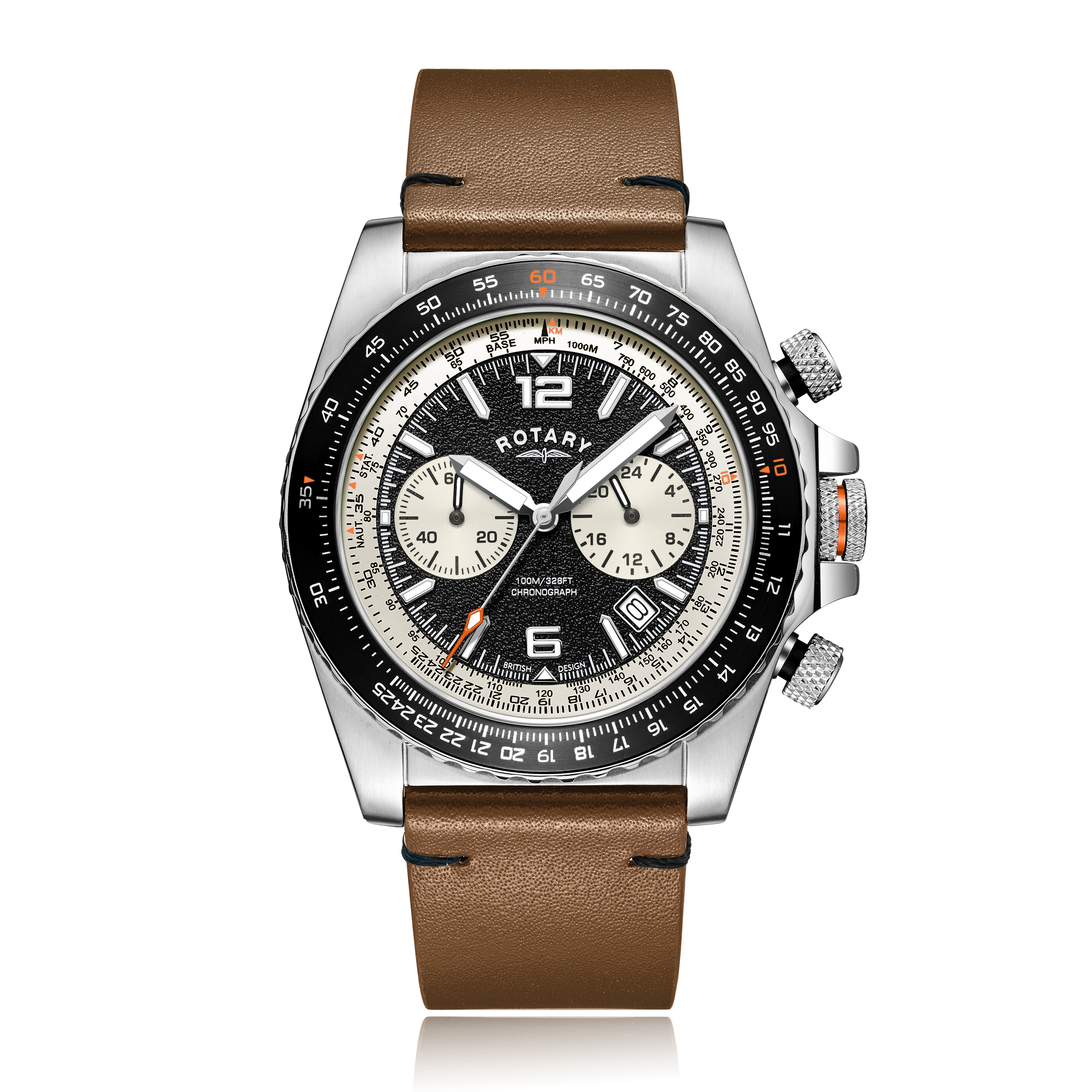 Rotary mens chronograph pilot watch in stainless steel with a brown leather strap. The watch has a black dial and a black bezel with cream coloured sub-dials