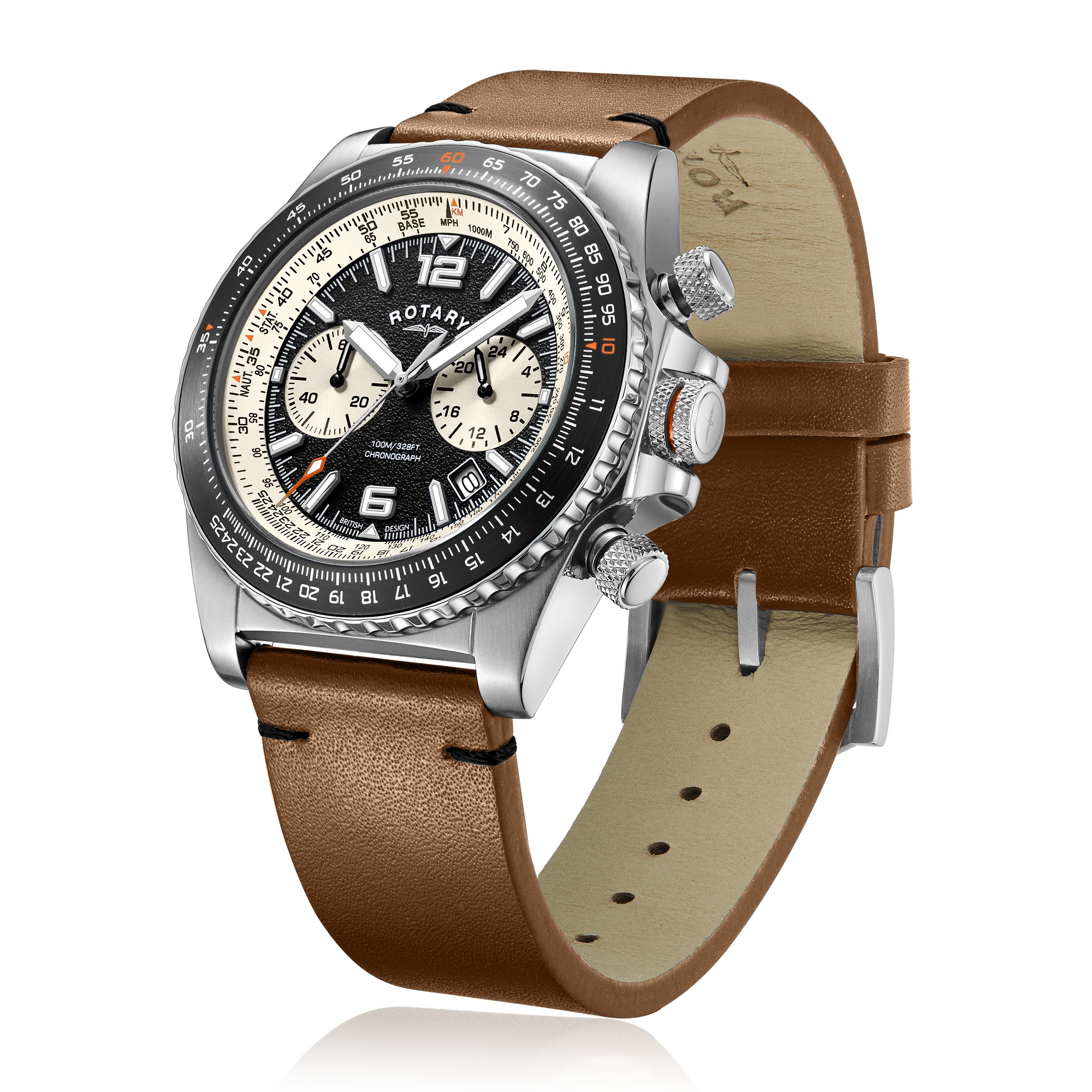 Rotary mens chronograph pilot watch in stainless steel with a brown leather strap. The watch has a black dial and a black bezel with cream coloured sub-dials