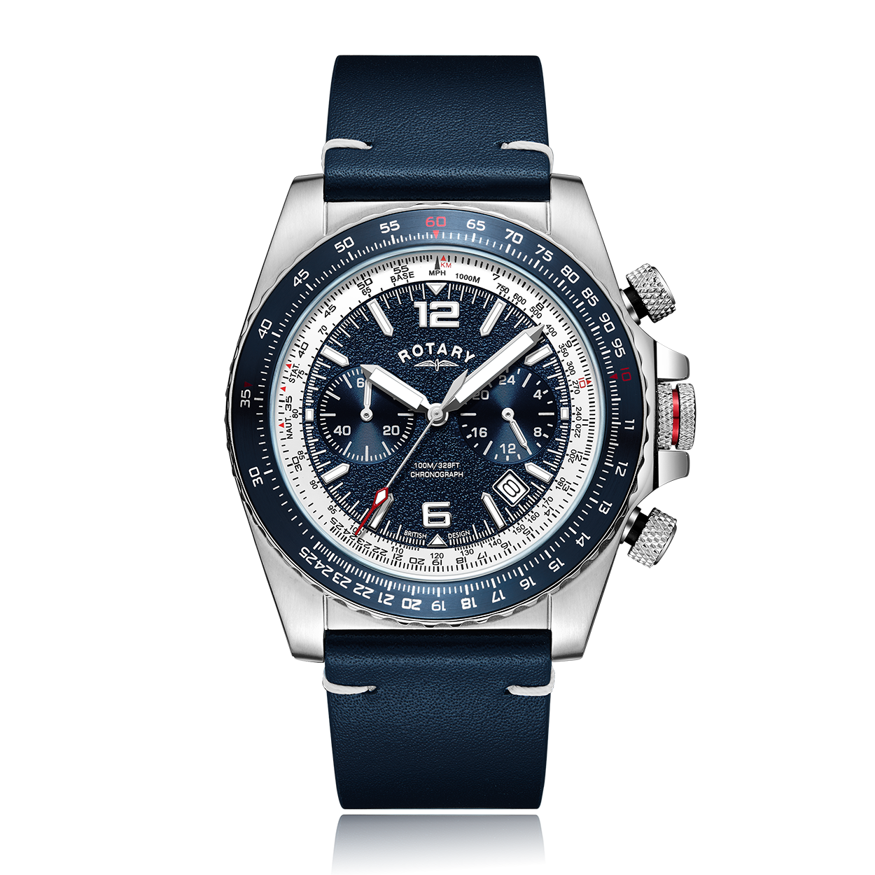 rotary chronograph pilots watch in stainless steel with a blue dial, blue bezel and blue leather strap