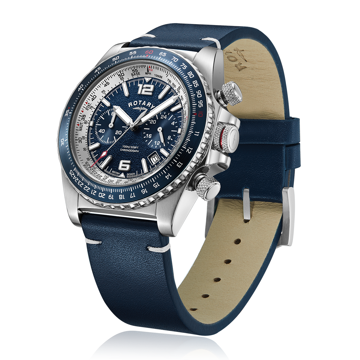 rotary chronograph pilots watch in stainless steel with a blue dial, blue bezel and blue leather strap