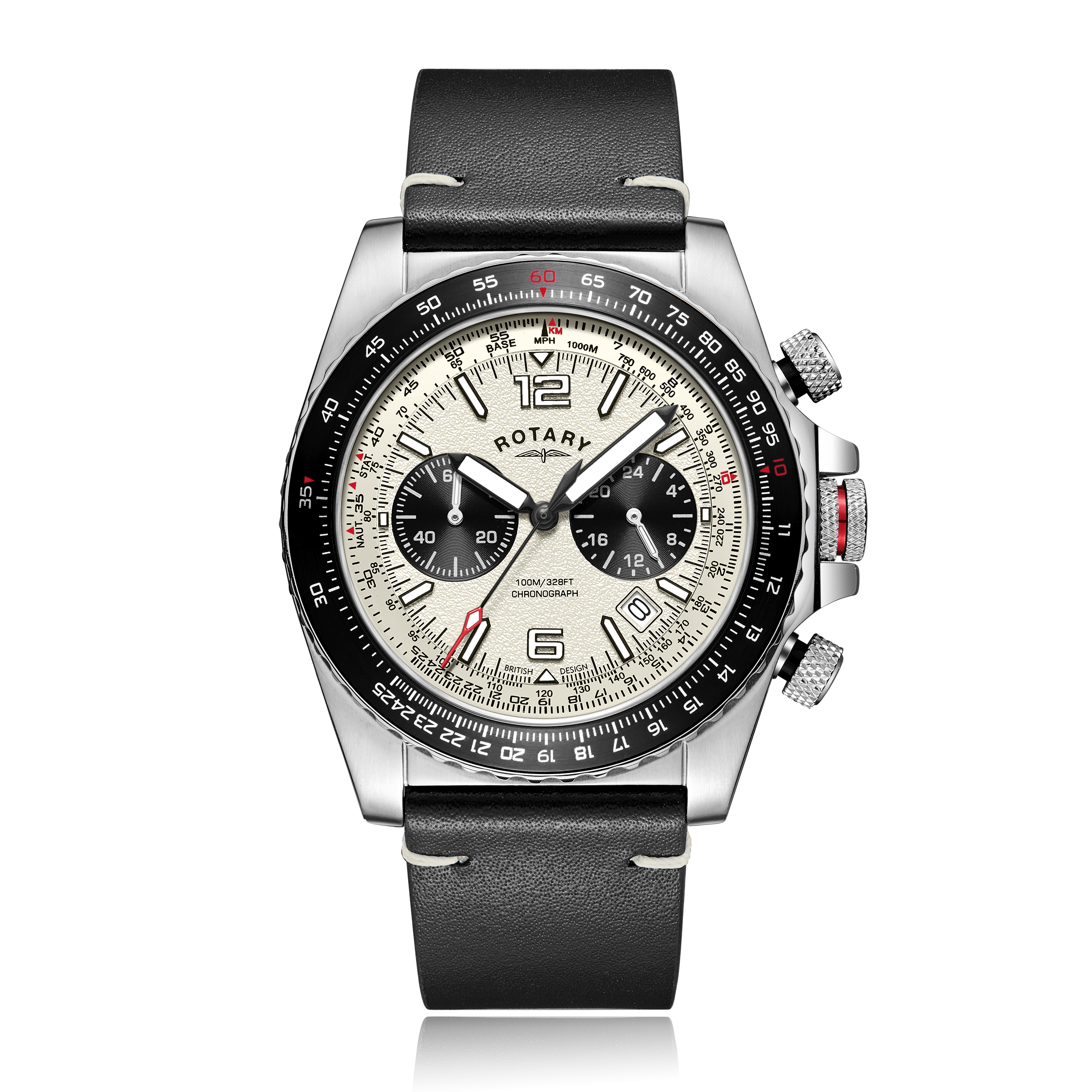 rotary watch in stainless steel with a cream dial, black sub-dials and black leather strap