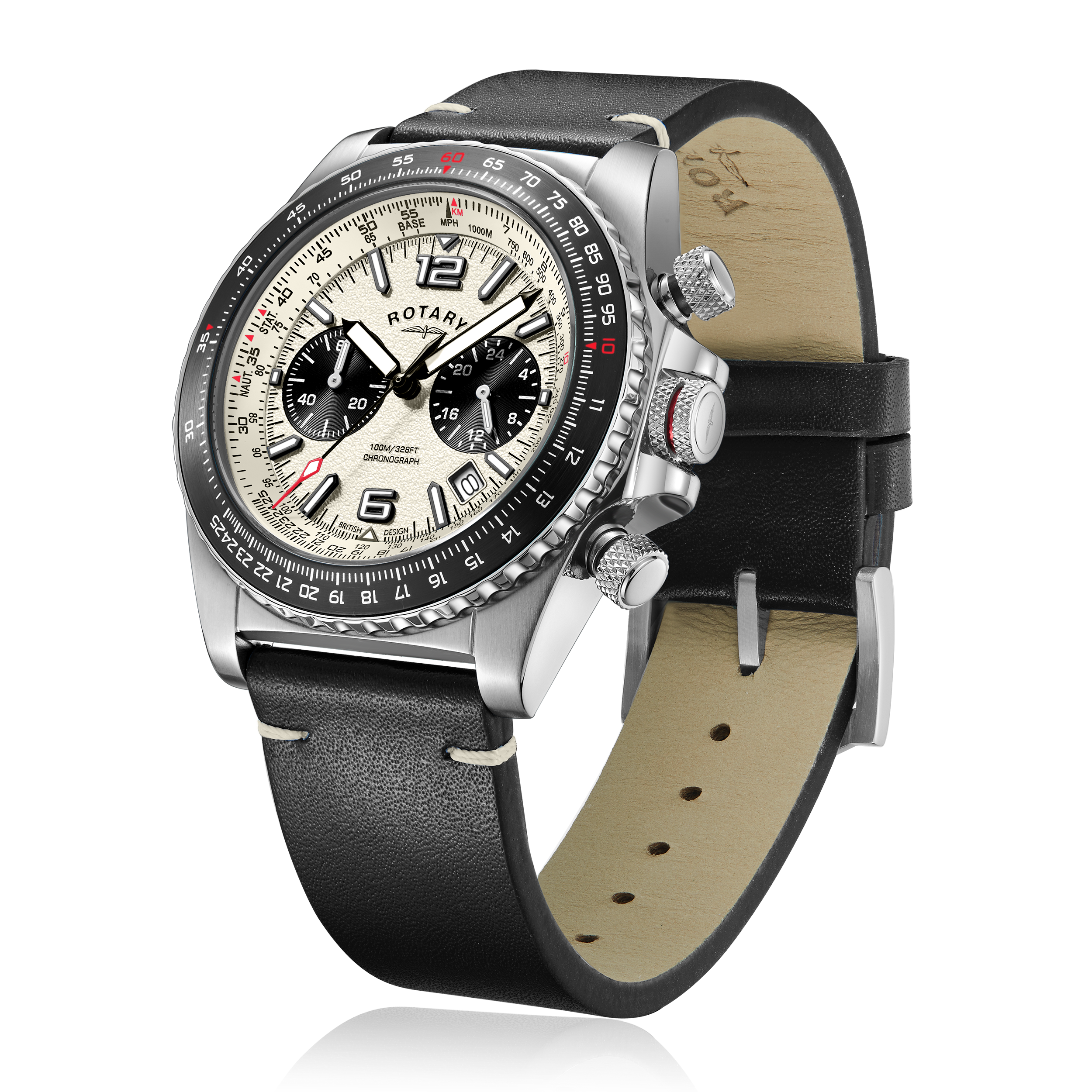 Rotary watch in stainless steel with a cream dial, black sub-dials and black leather strap