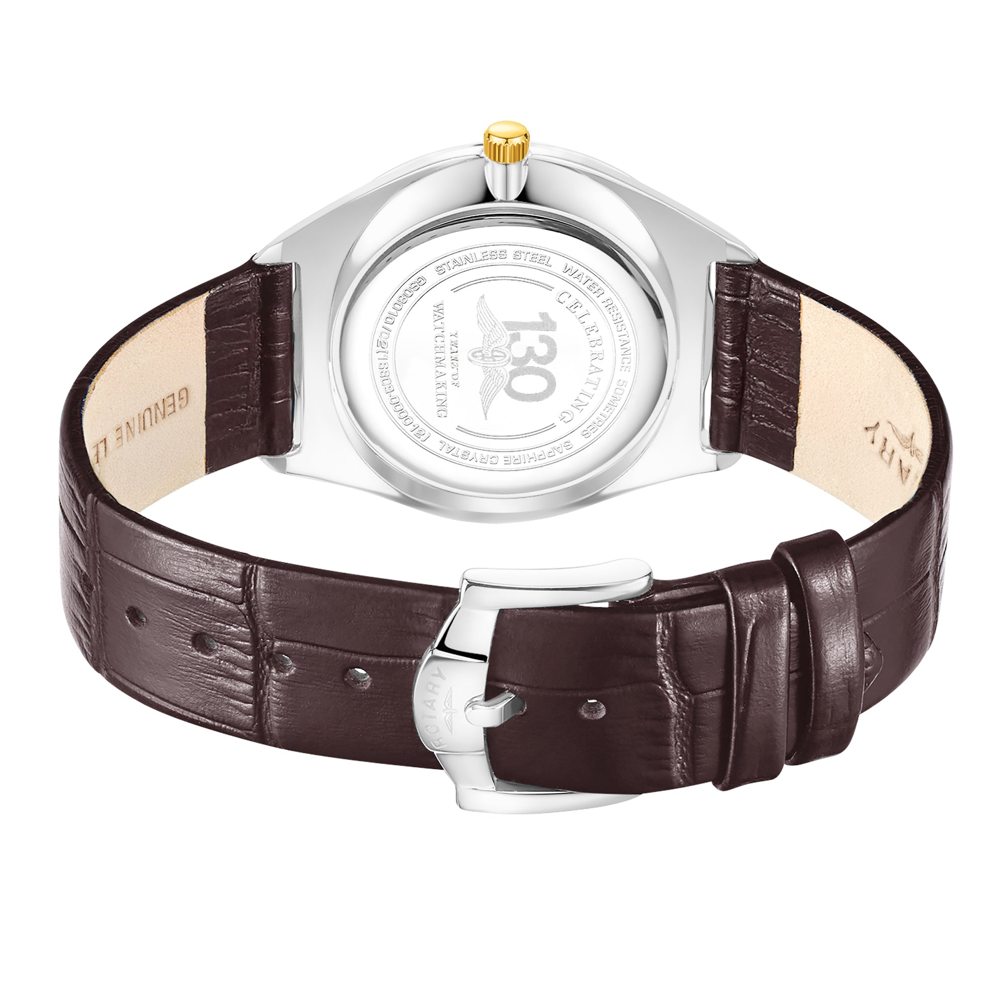 Rotary Watch with brown leather strap and silver case on a white background