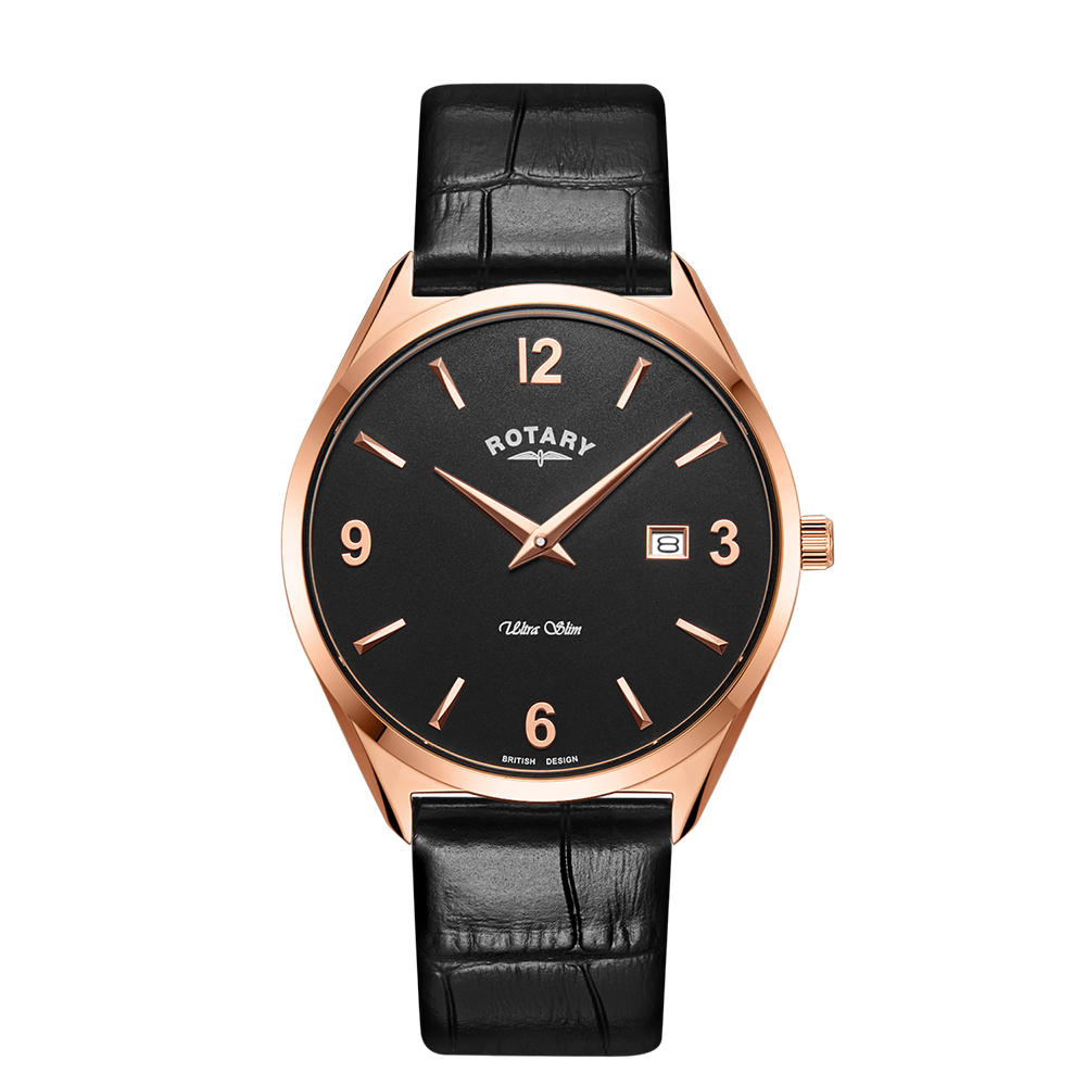 Rotary mens watch in rose gold with a black leather strap and black dial