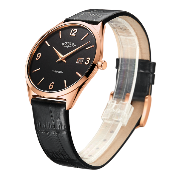 Rotary mens watch in rose gold with a black leather strap and black dial