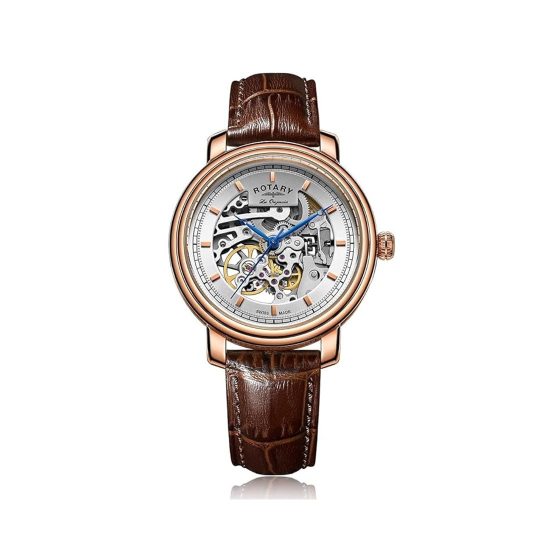 a rotary mans watch in gold with a leather strap and a skeletonised dial with blue hands