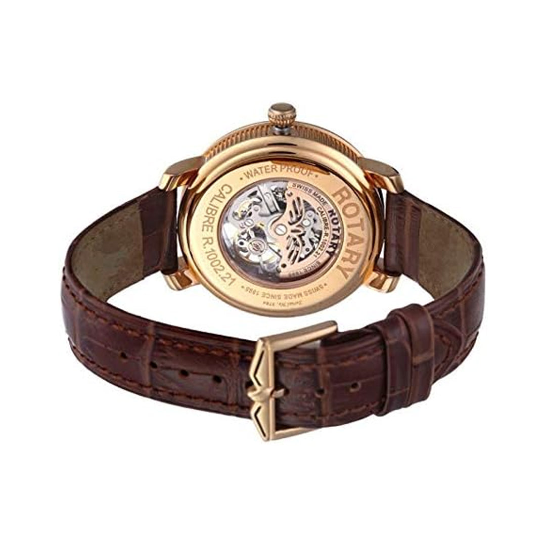 a rotary mans watch in gold with a leather strap and an exhibition caseback