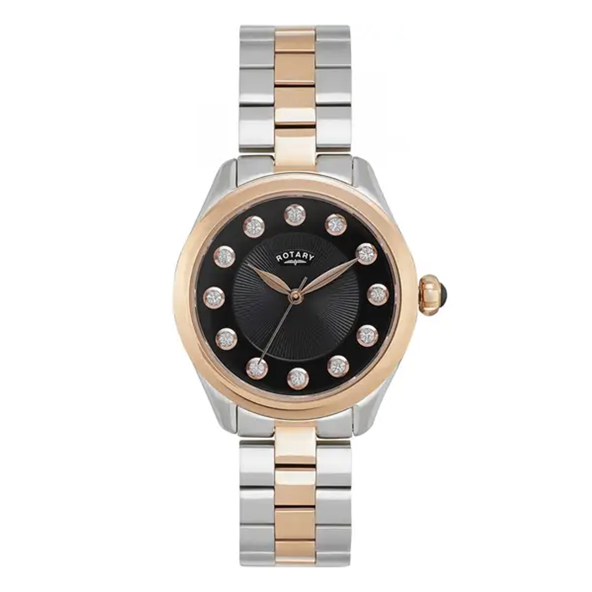 Two-tone Rotary Ladies watch with black dial and diamond accents on a white background