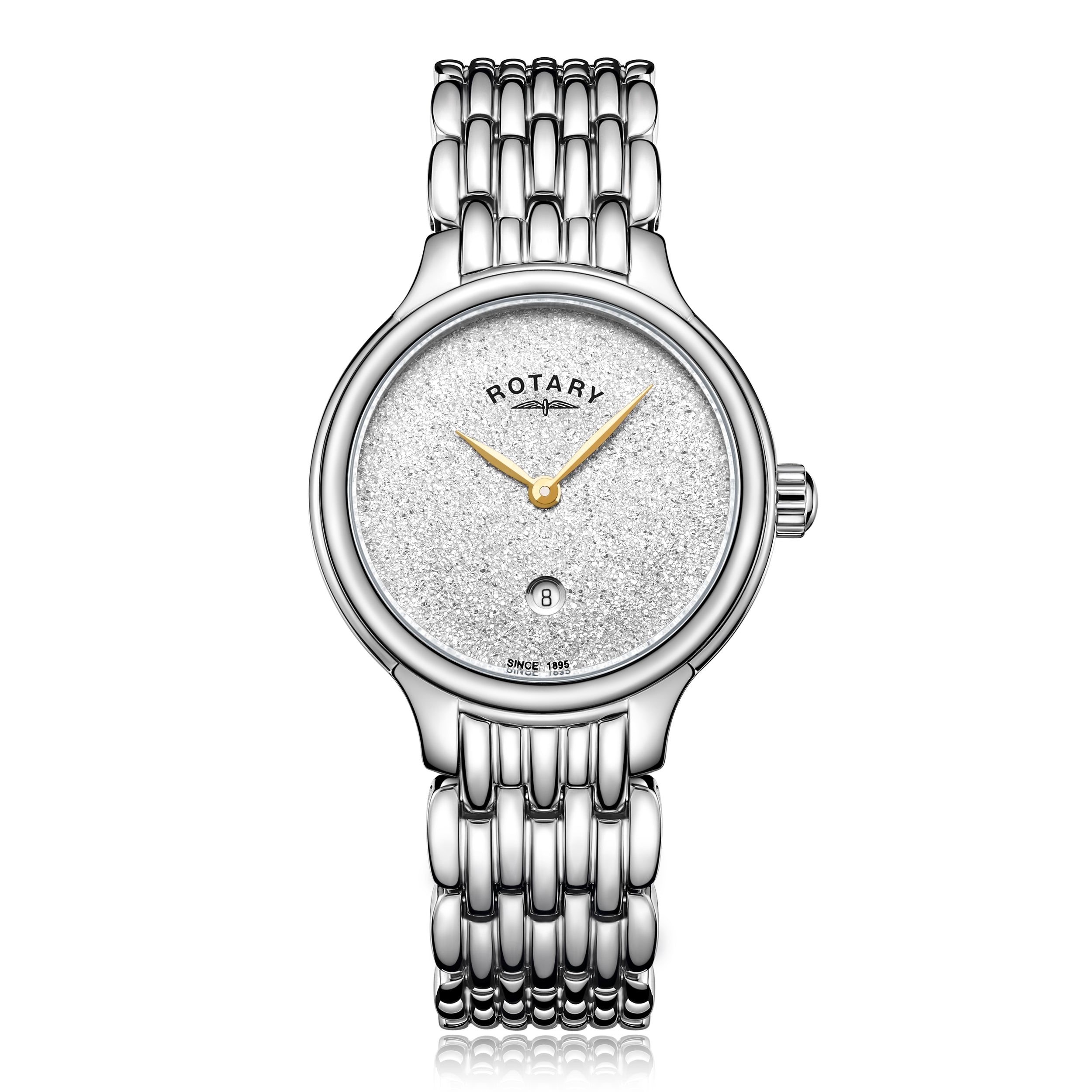 Rotary ladies watch in stainless steel with a stainless steel bracelet. The watch has a crystal set dial and gold hands