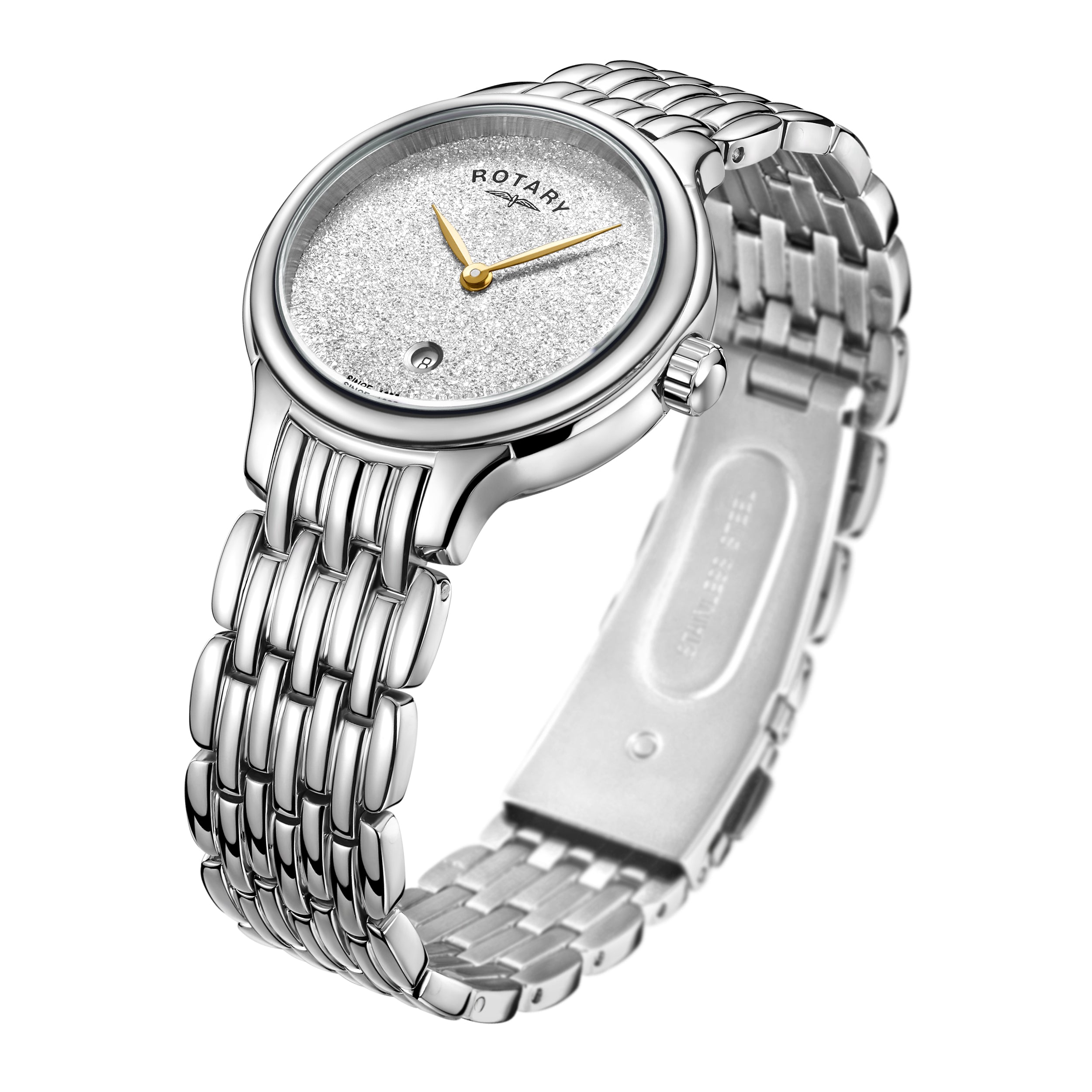 Rotary ladies watch in stainless steel with a stainless steel bracelet. The watch has a crystal set dial and gold hands